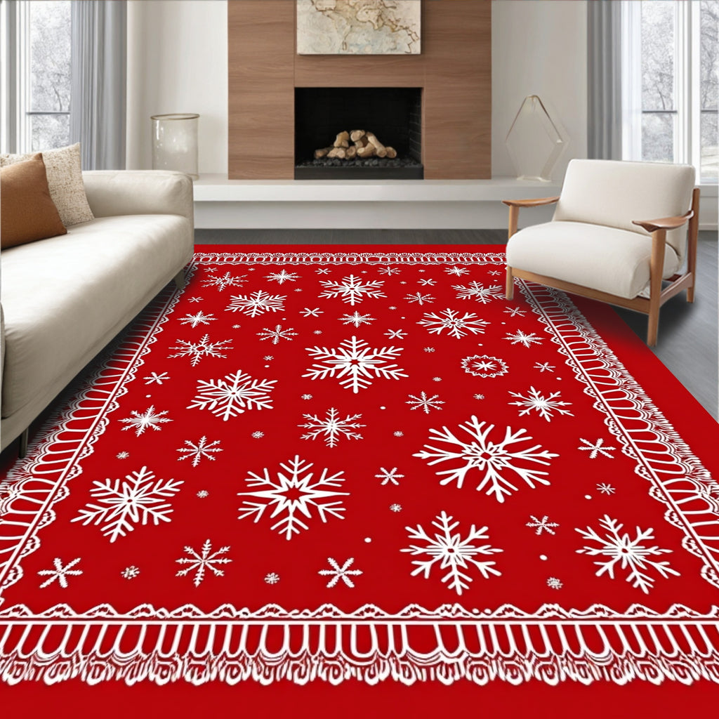 Red White Snowflake Lace Border Rug