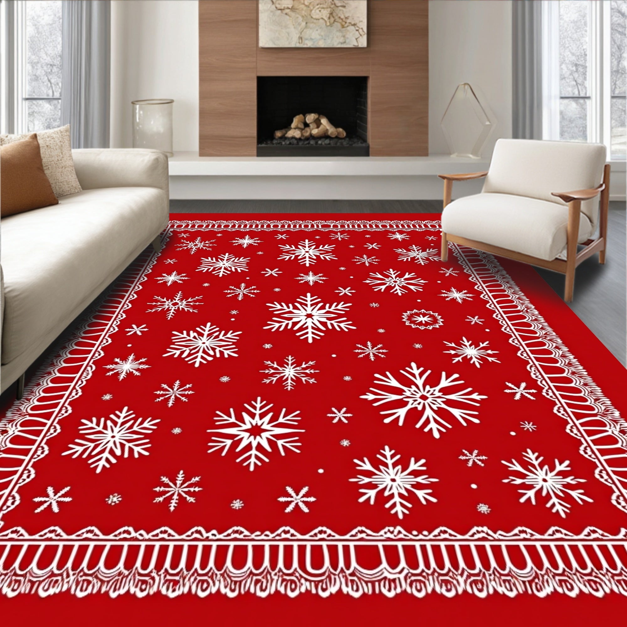 Red White Snowflake Lace Border Rug