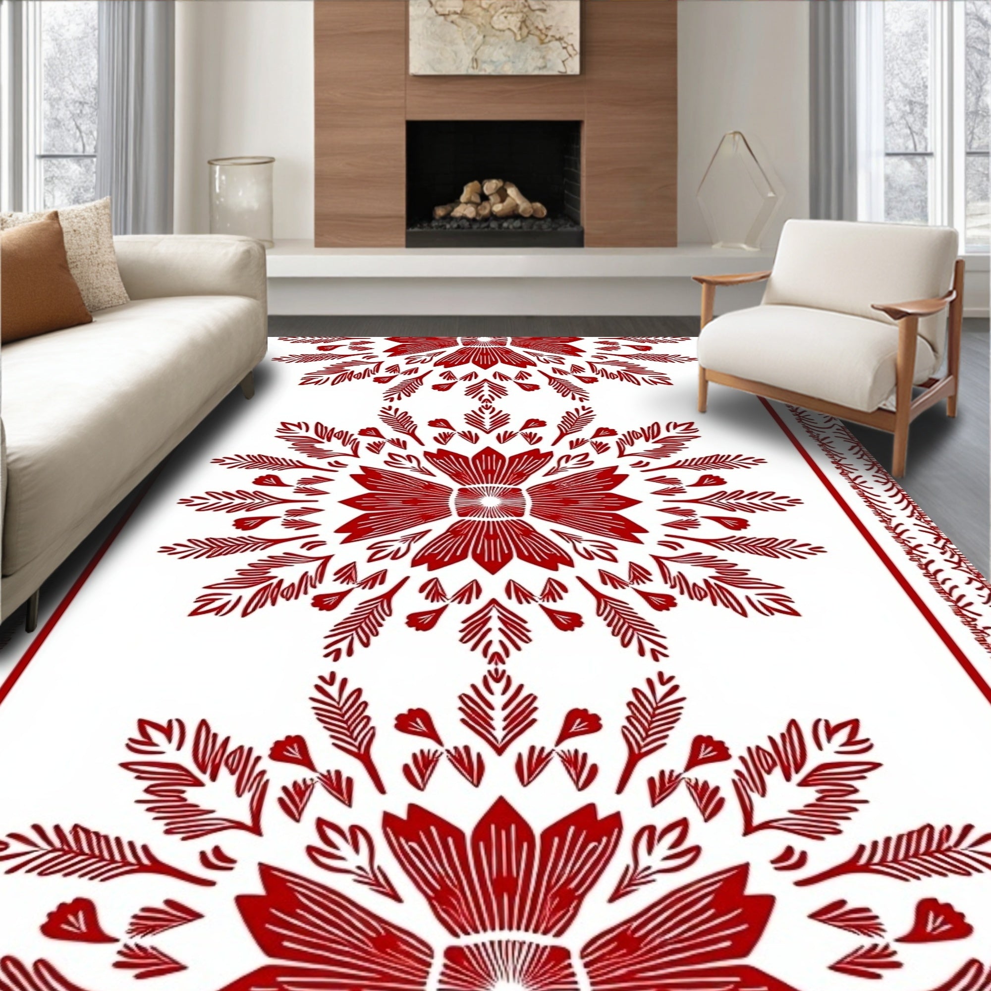 Red Stylized Floral Border Rug