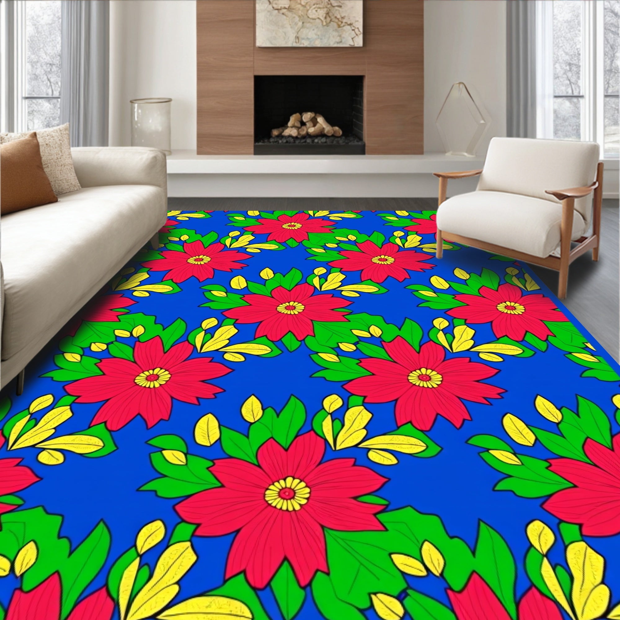 Vibrant Red Floral Green Leaf Garden Rug