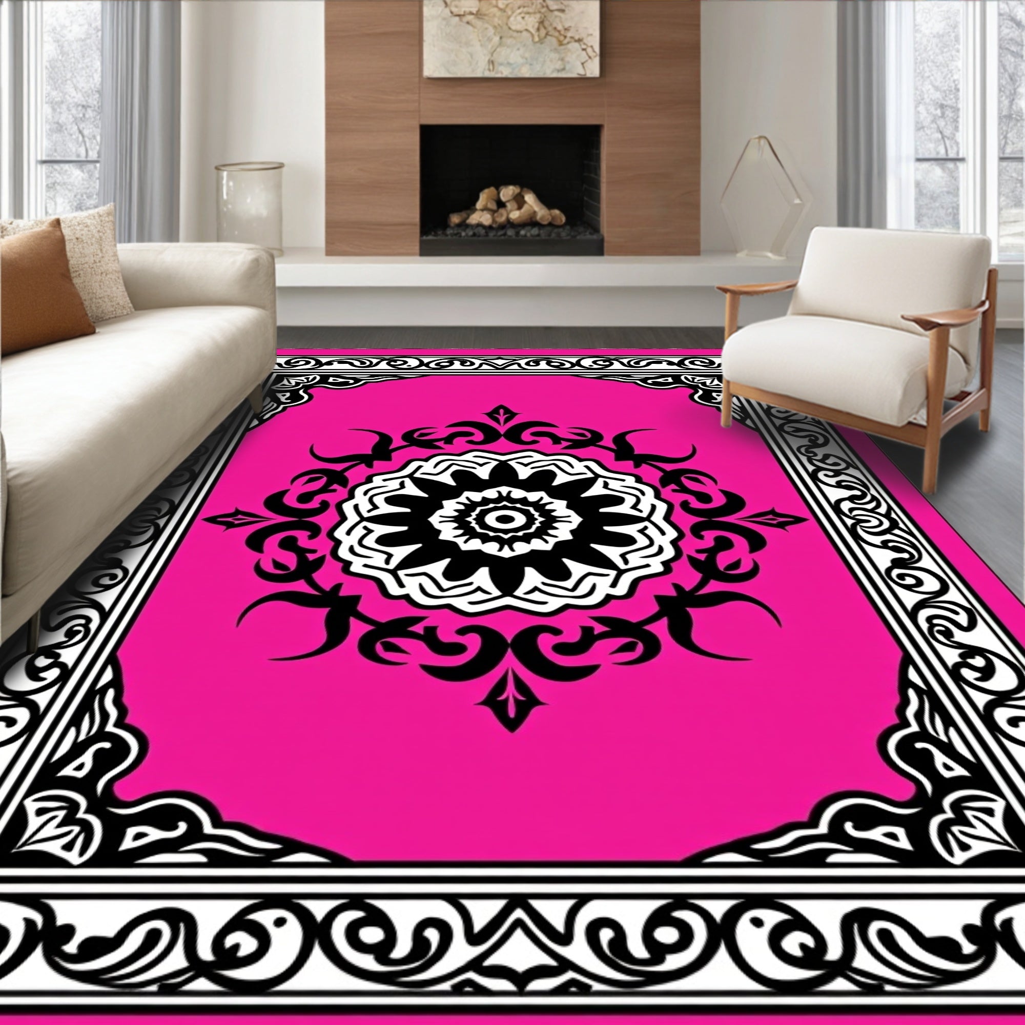 Vibrant Fuchsia Mandala Border Rug