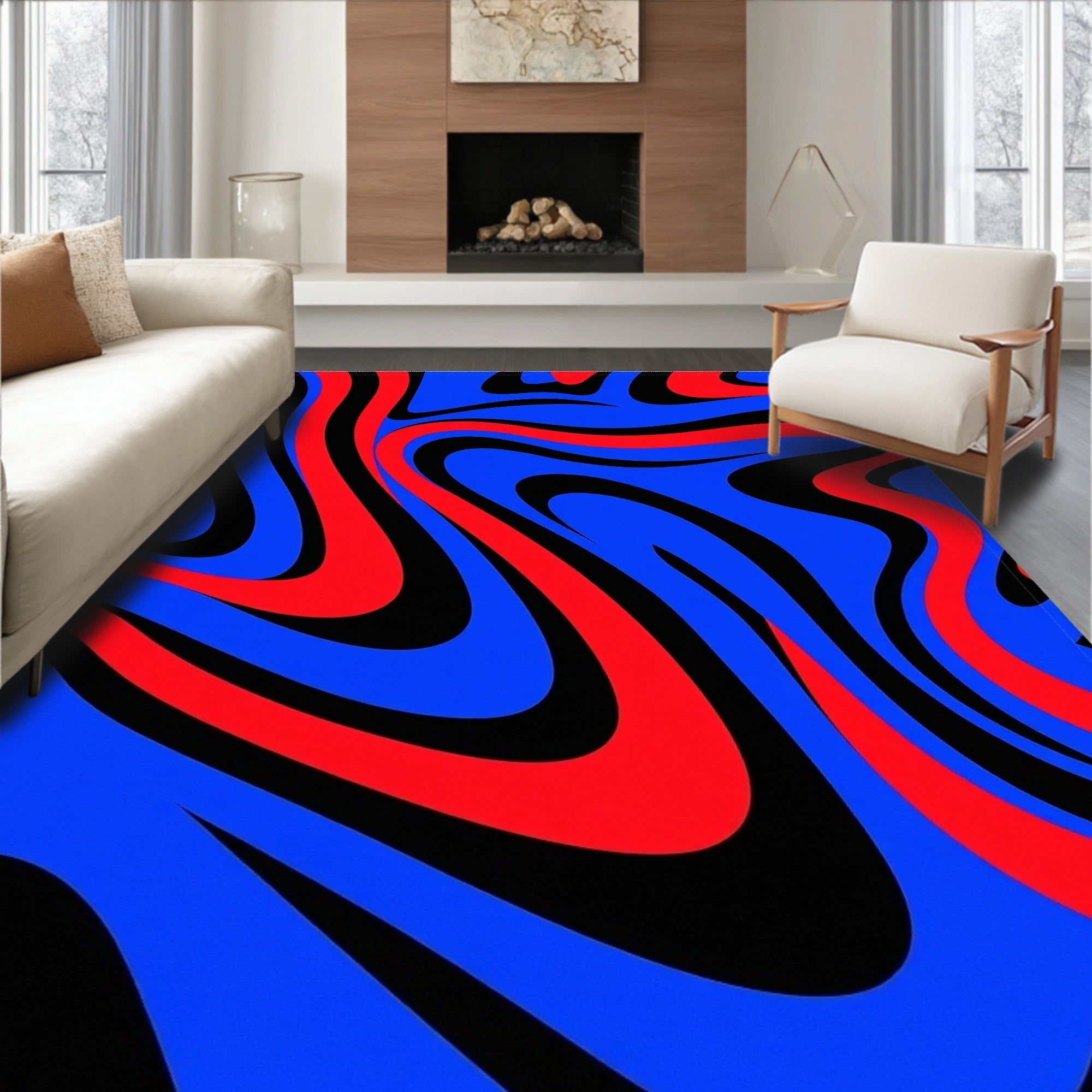 Vibrant Red Blue Swirl Abstract Rug