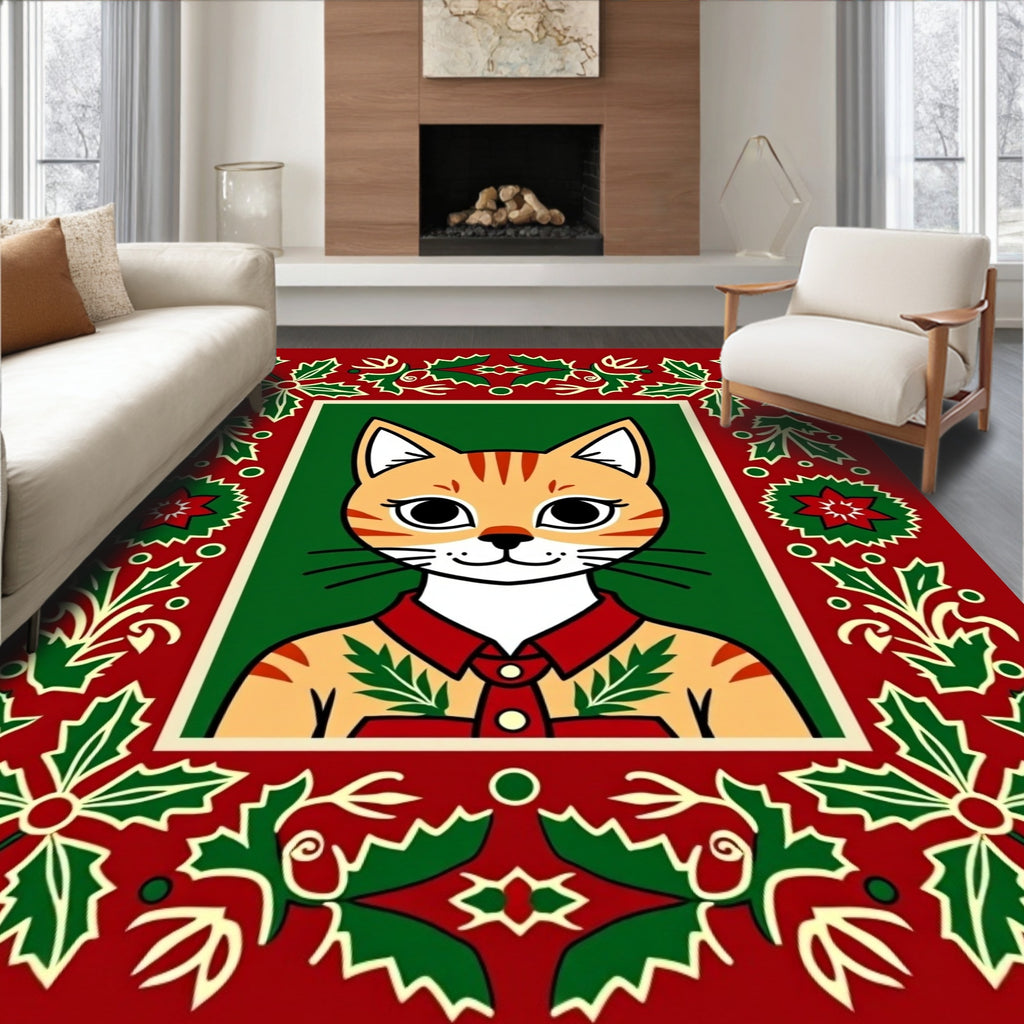 Festive Red Christmas Holly Cat Rug