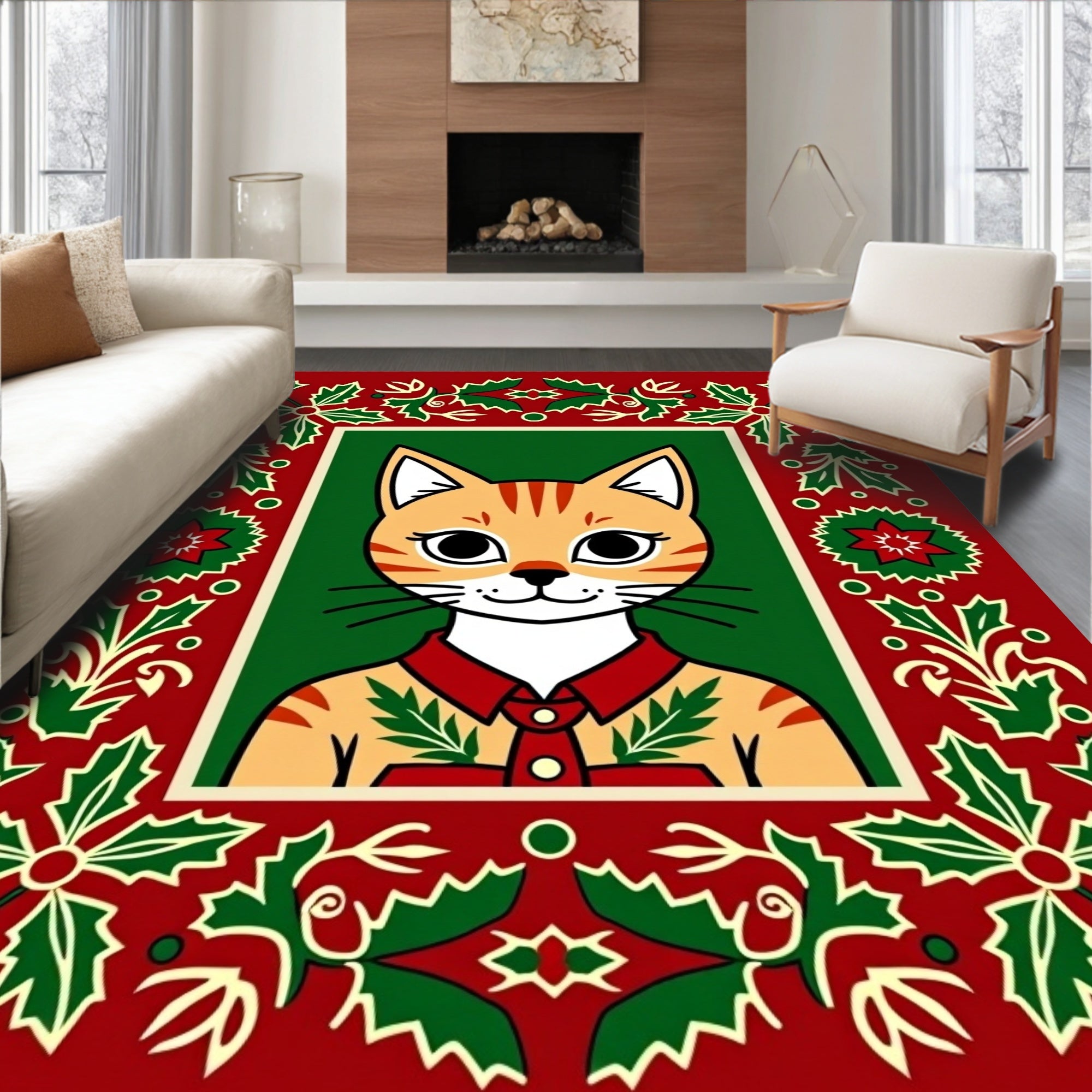 Festive Red Christmas Holly Cat Rug