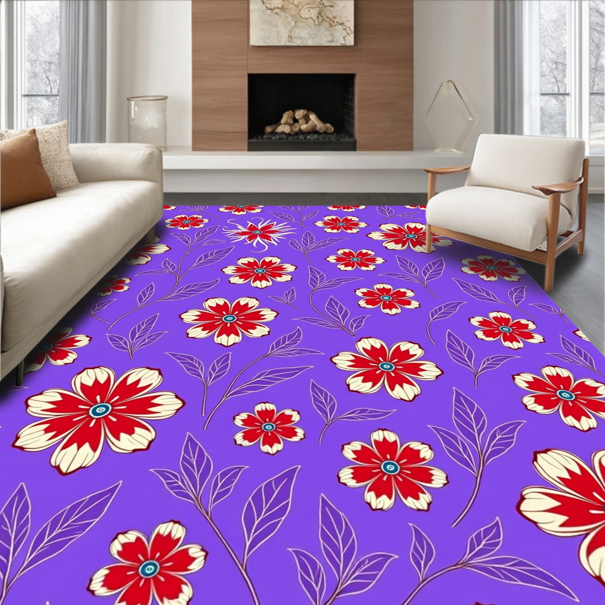 Red Cream Floral Vines Lavender Background Rug