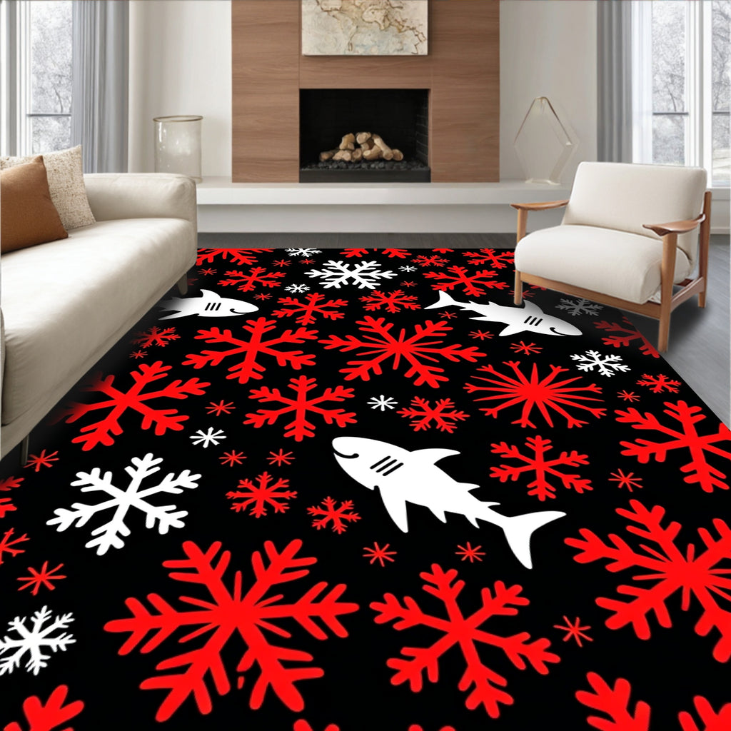 Red White Snowflake Shark Collage Rug