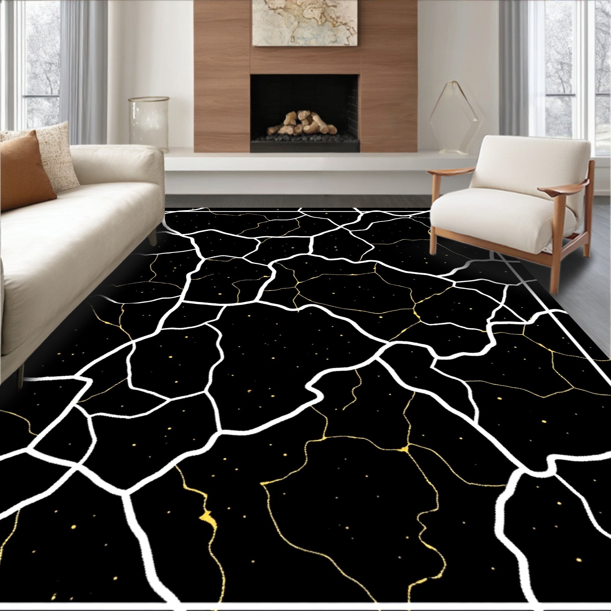 Black Gold Cracked Galaxy Rug