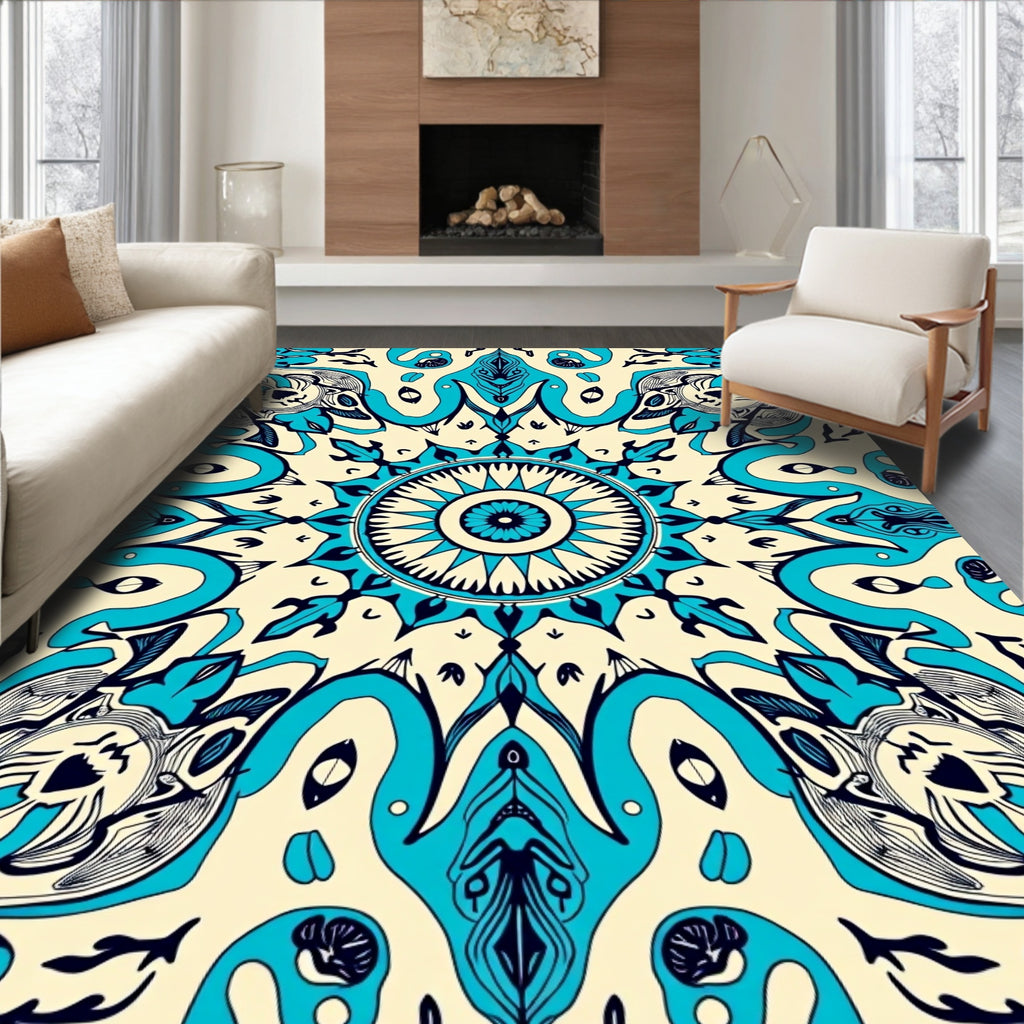 Cream Teal Abstract Radial Mandala Rug