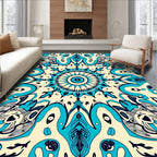 Cream Teal Abstract Radial Mandala Rug