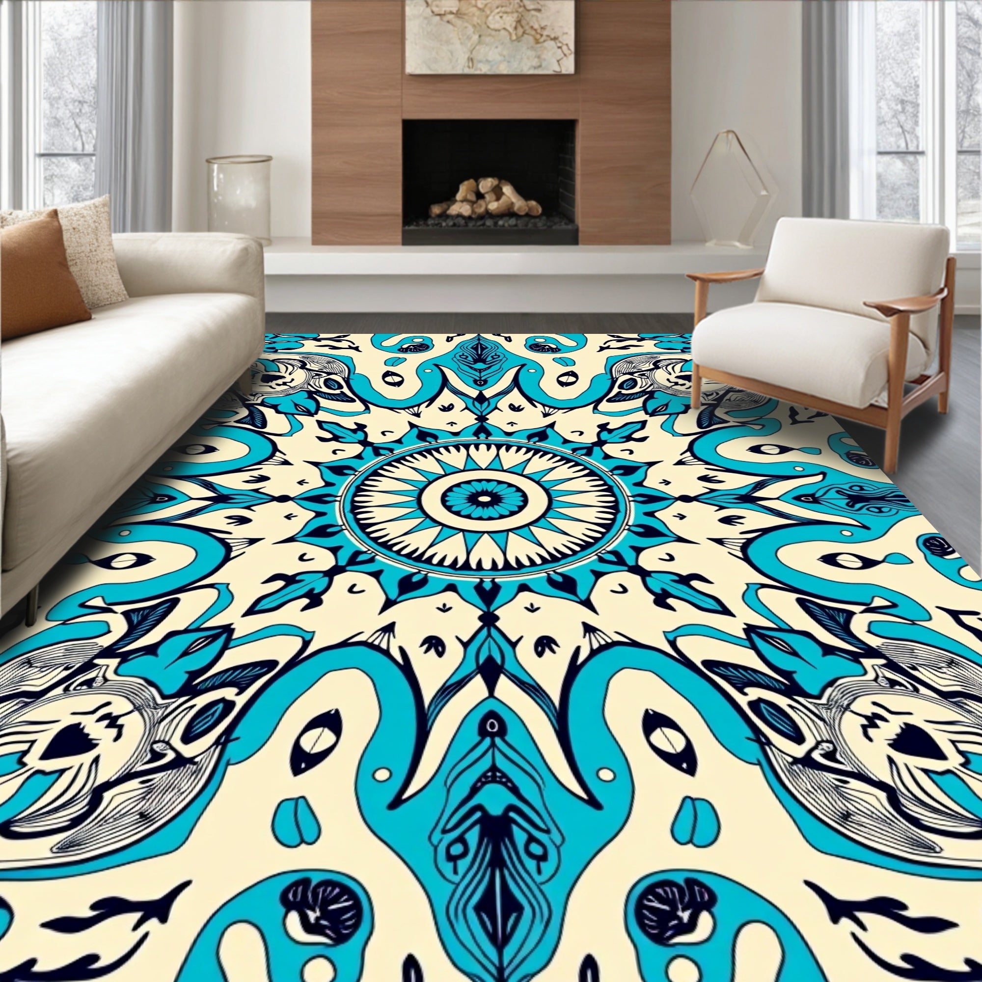 Cream Teal Abstract Radial Mandala Rug