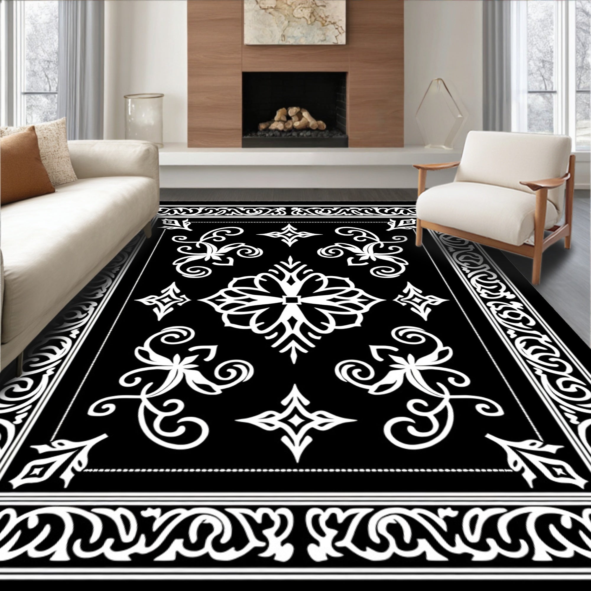 Black White Classic Floral Medallion Rug