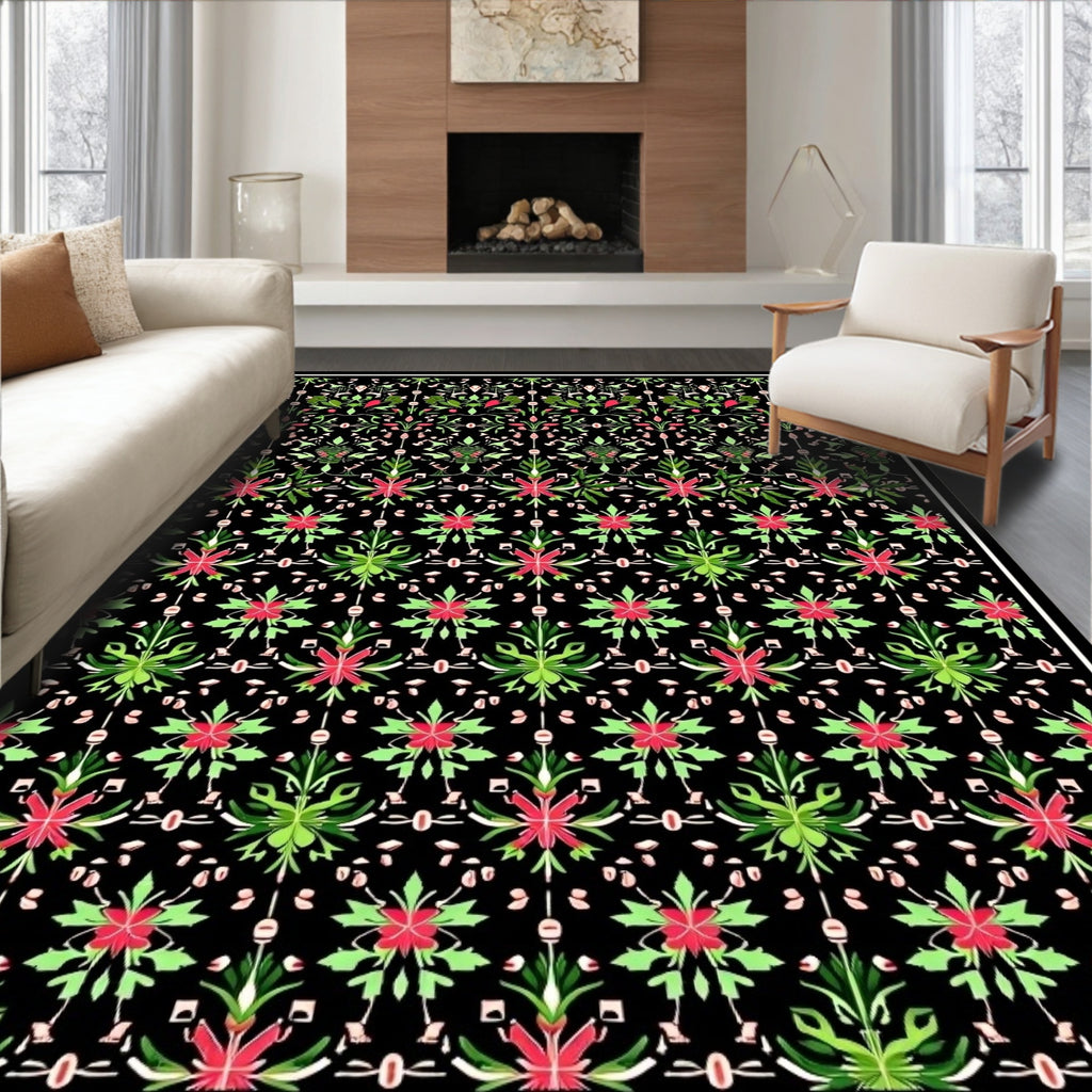Green Floral Medallion Black Background Rug