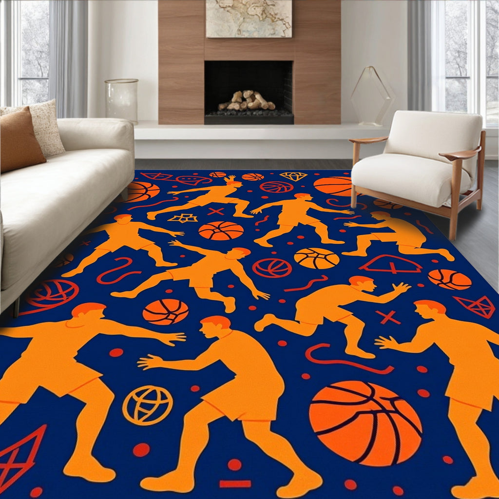 Orange Basketball Players Dynamic Action Rug