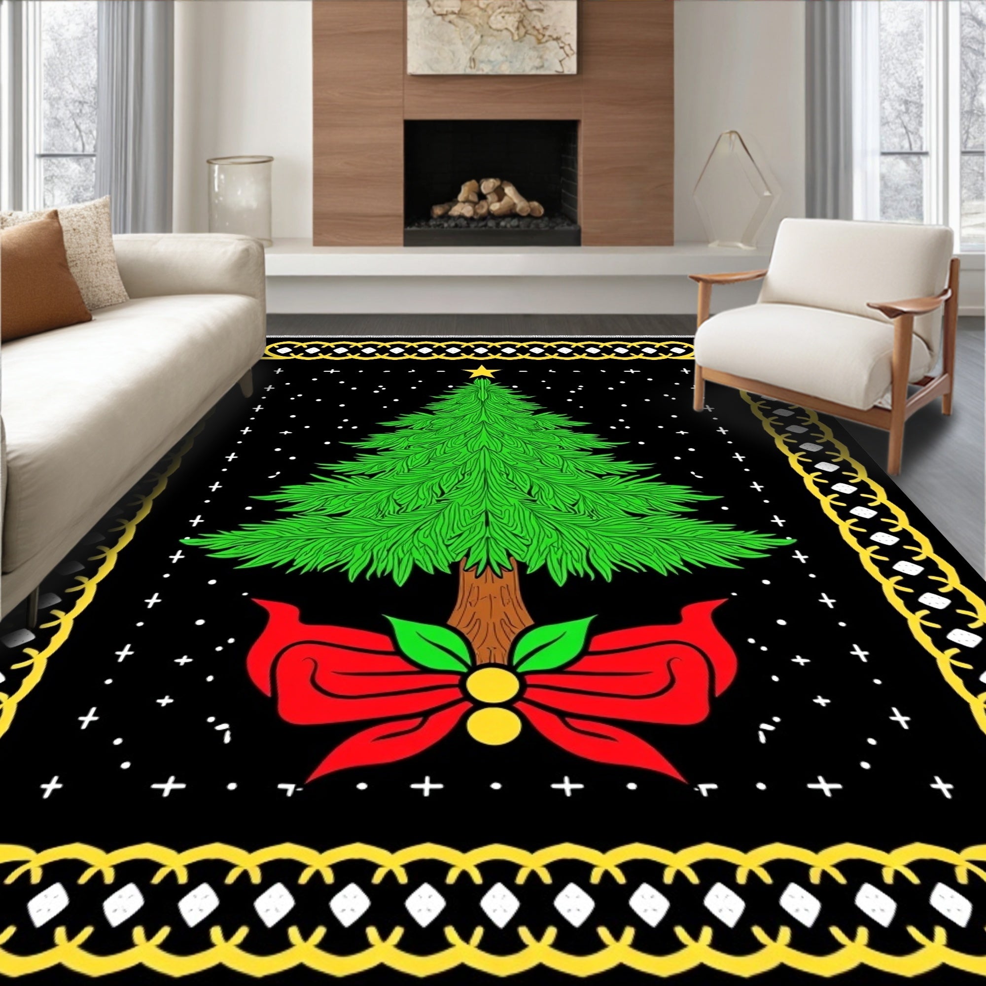 Festive Christmas Tree with Red Bow Rug