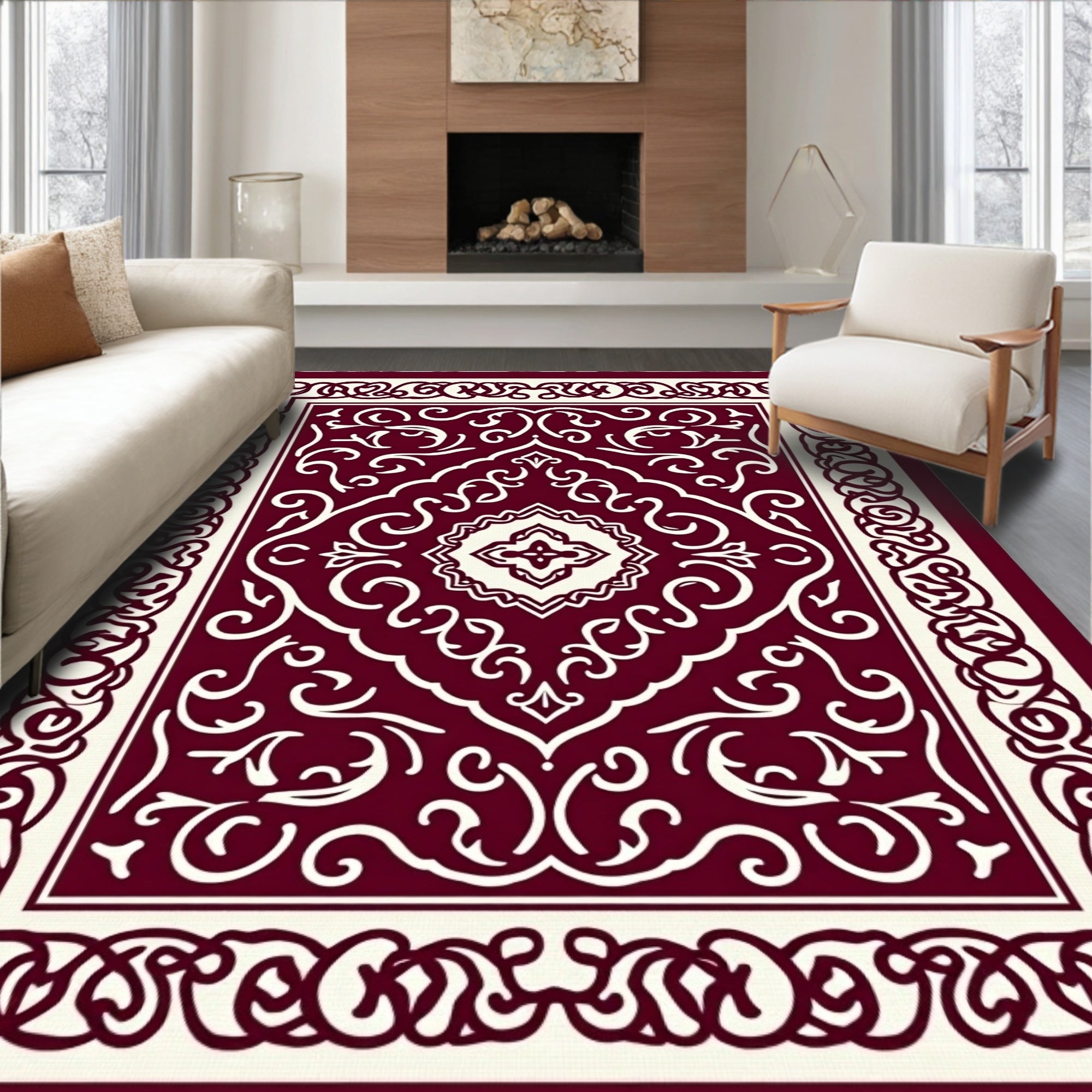 Crimson Ivory Intricate Floral Medallion Rug