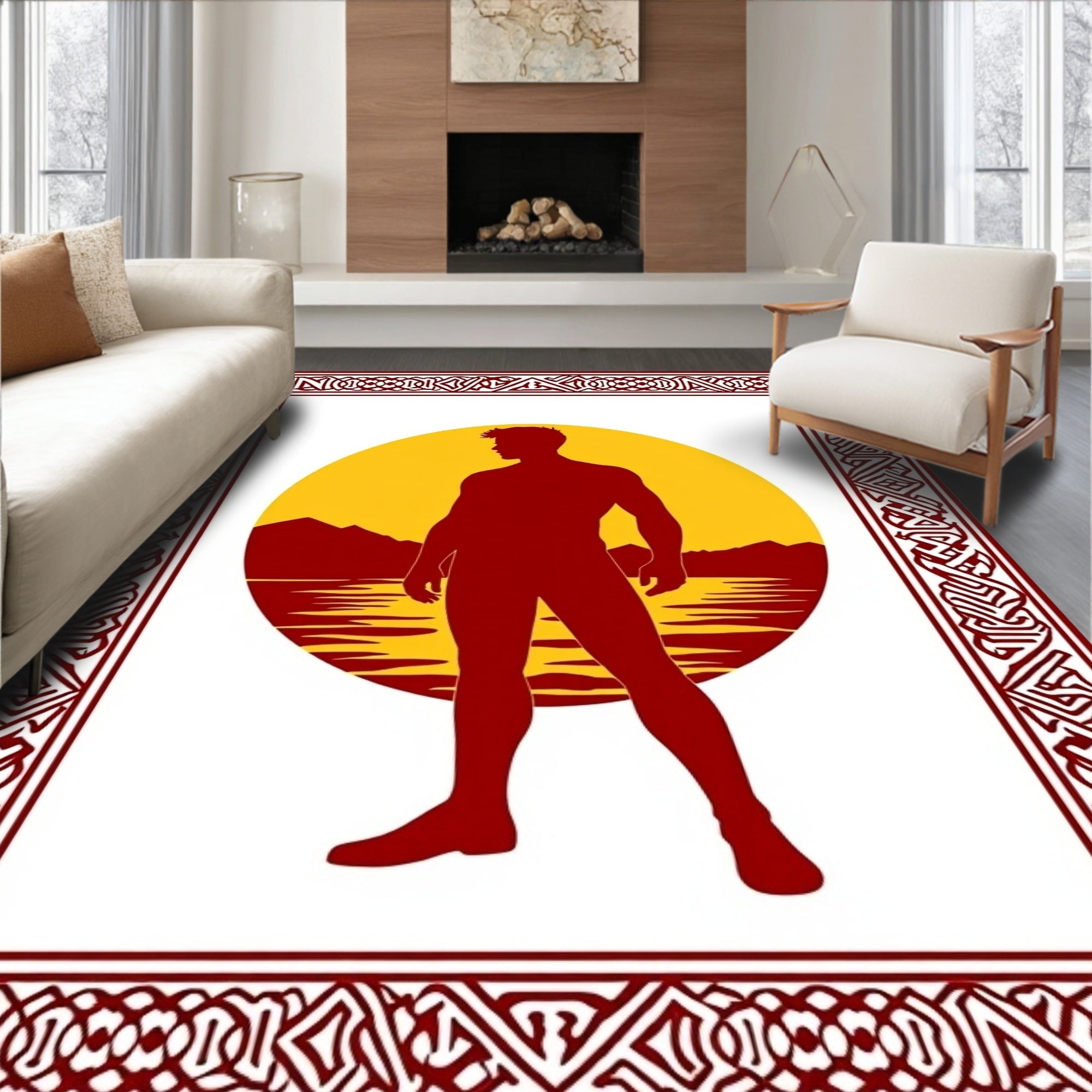 Deep Red Male Silhouette Sunscape Rug