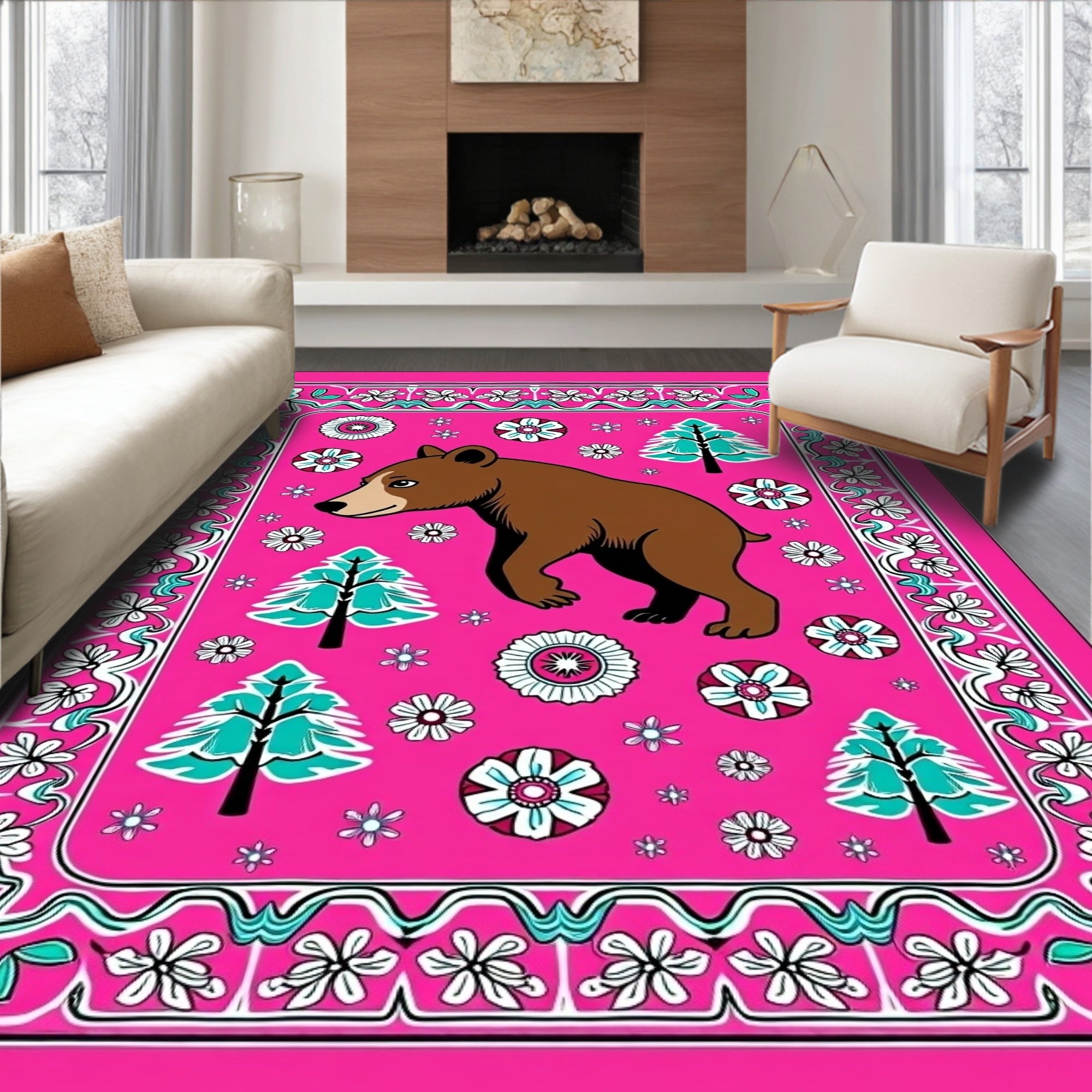 Whimsical Brown Bear Pink Floral Trees Rug