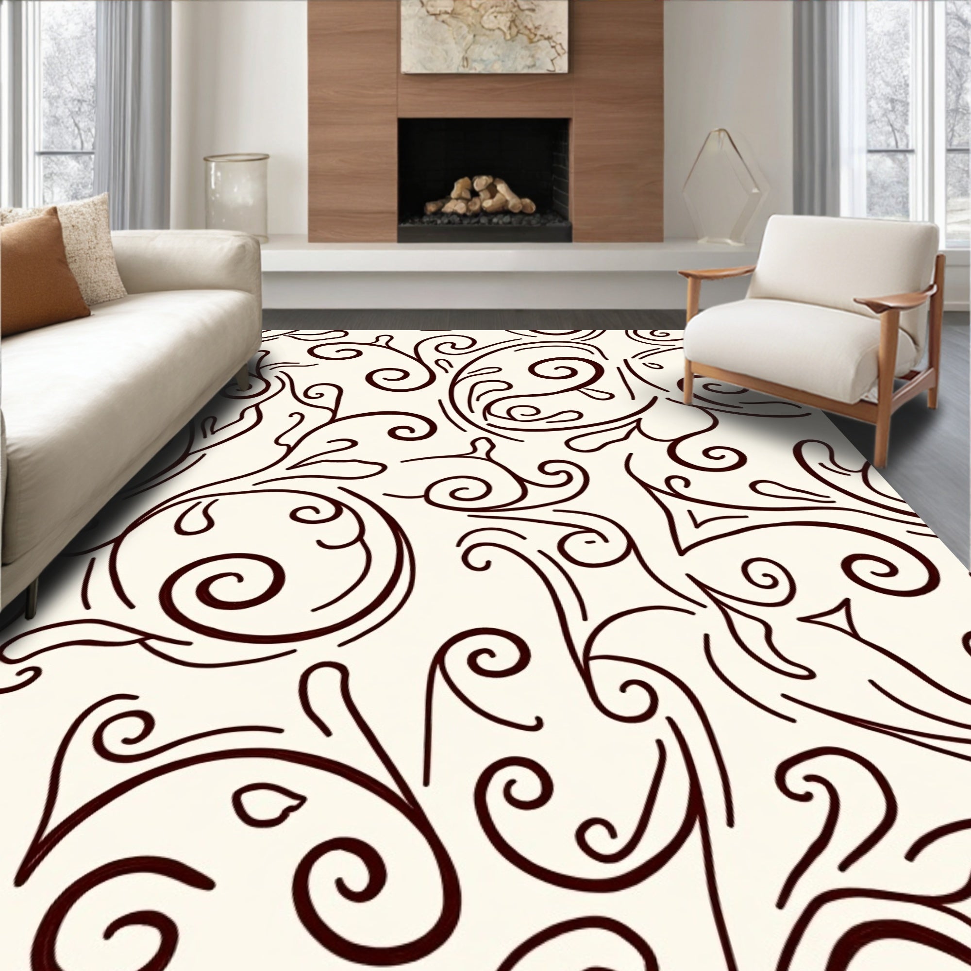 Dark Brown Swirl Leaf Vine Rug