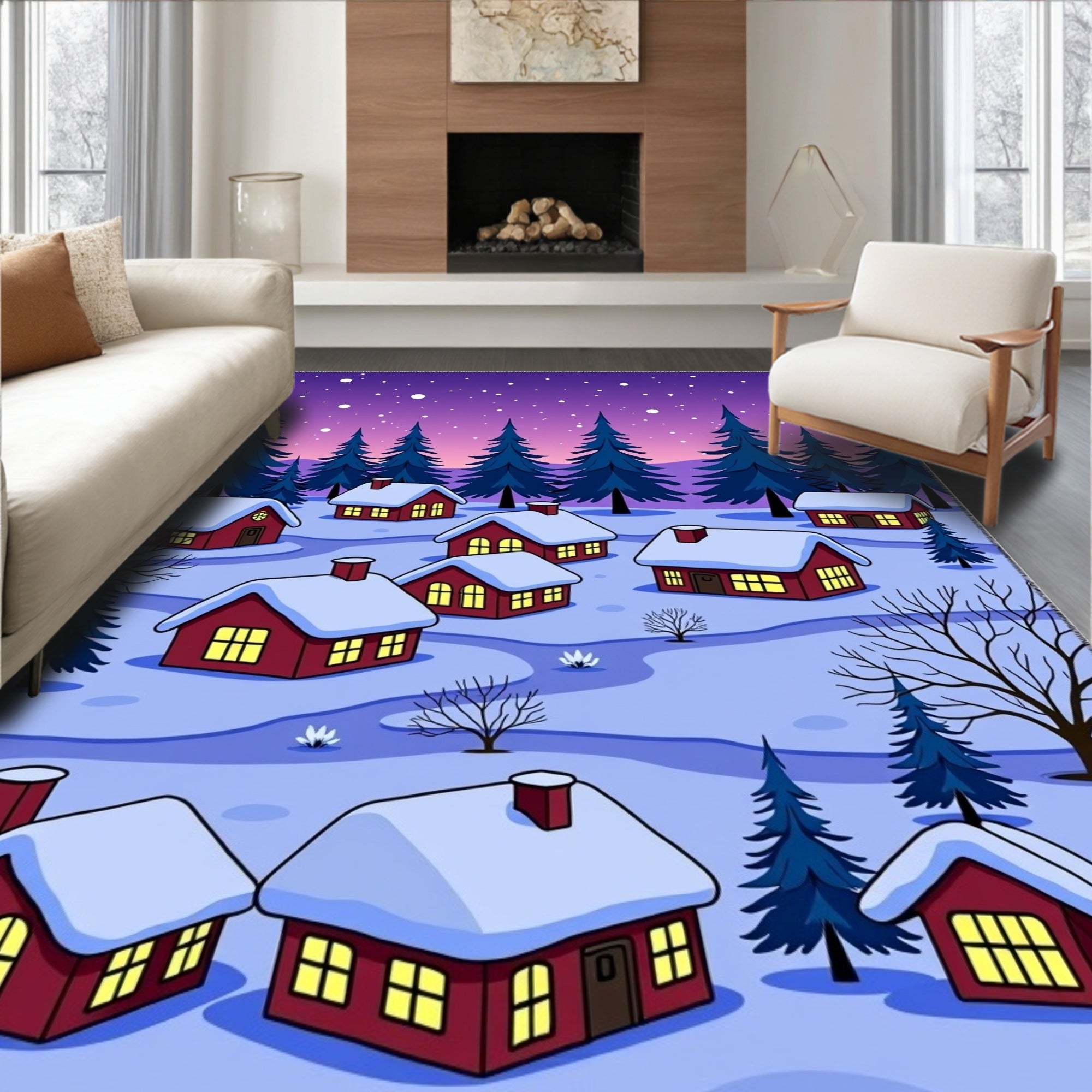 Cozy Winter Village Snowfall Scene Rug
