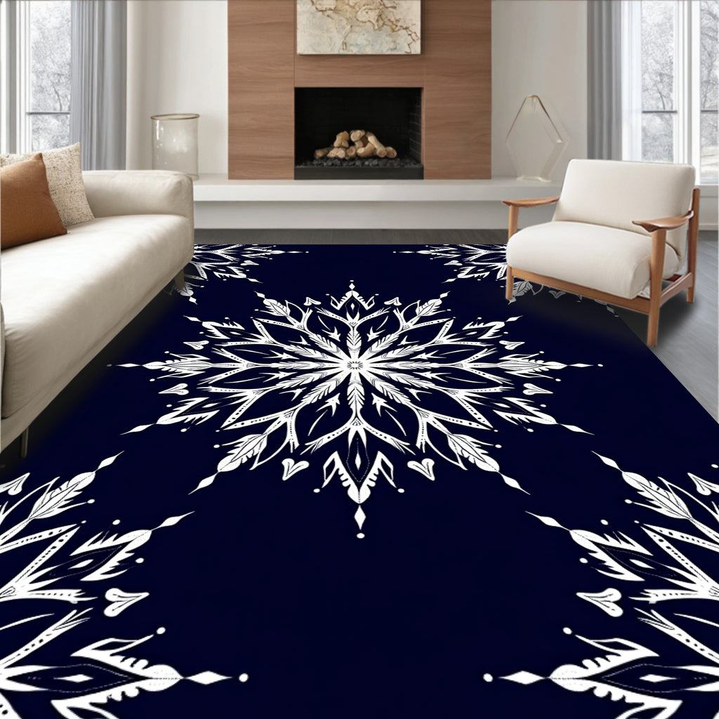 White Snowflake Mandala Dark Navy Rug
