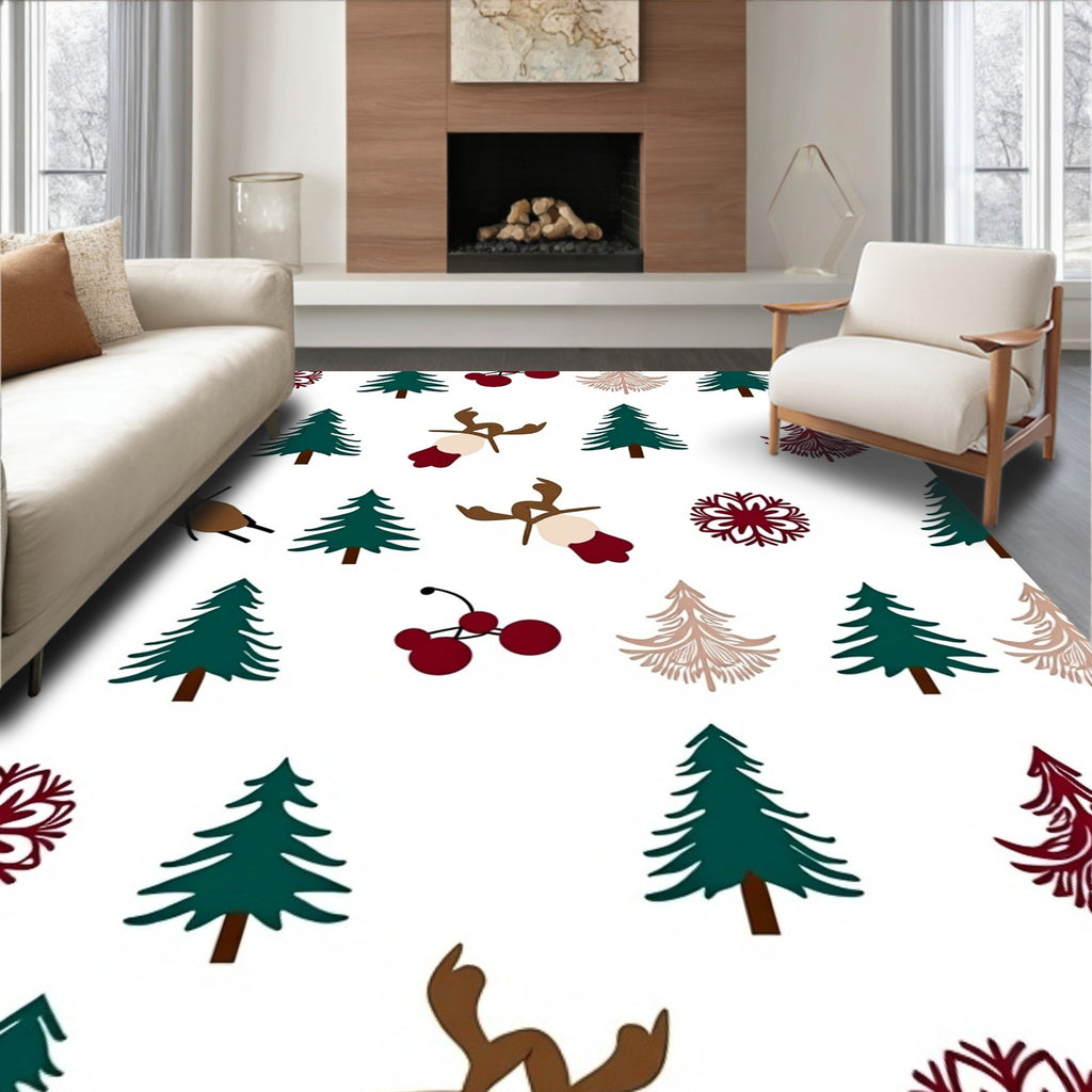 Woodland Winter Reindeer Christmas Trees Rug