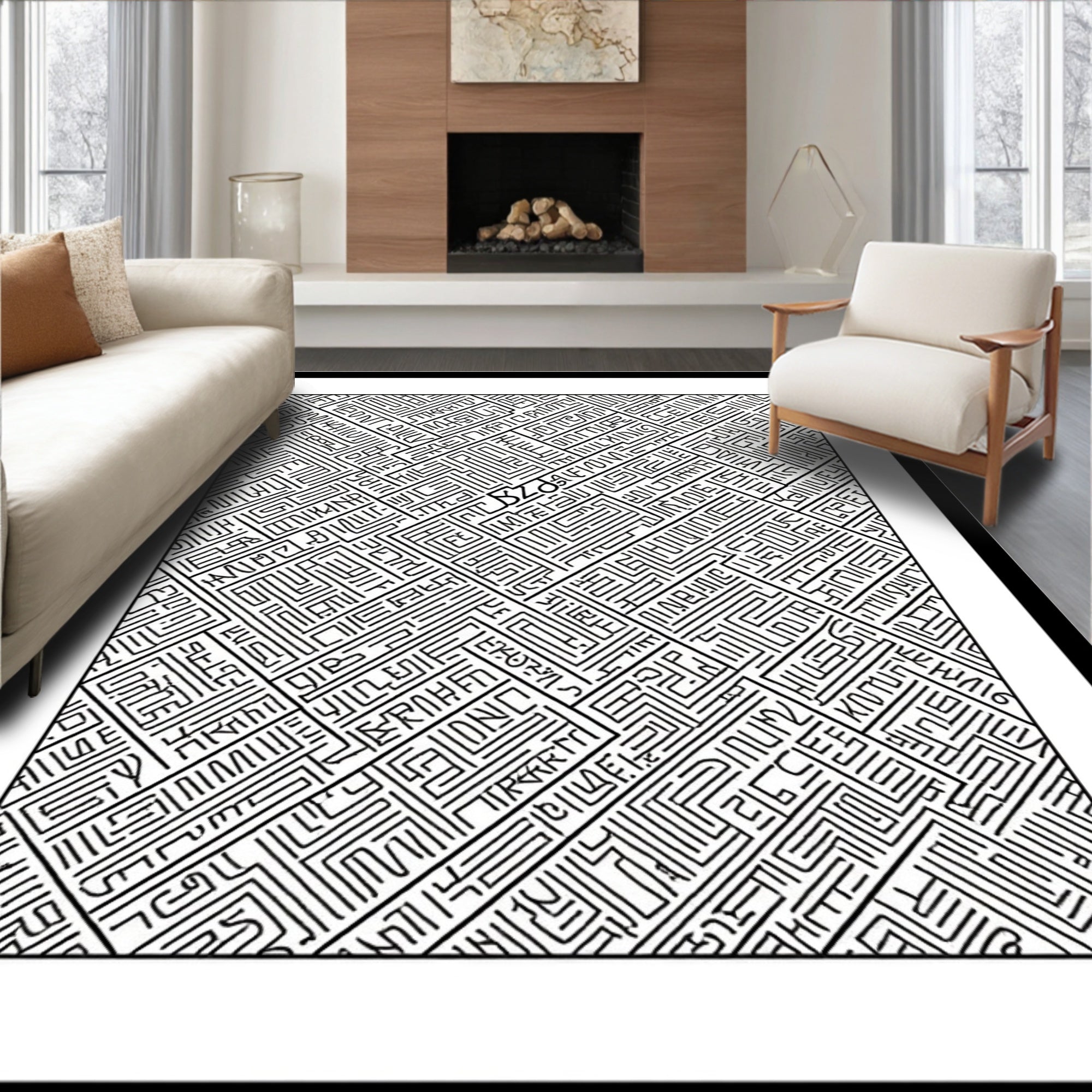 Black and White Labyrinth Line Art Rug