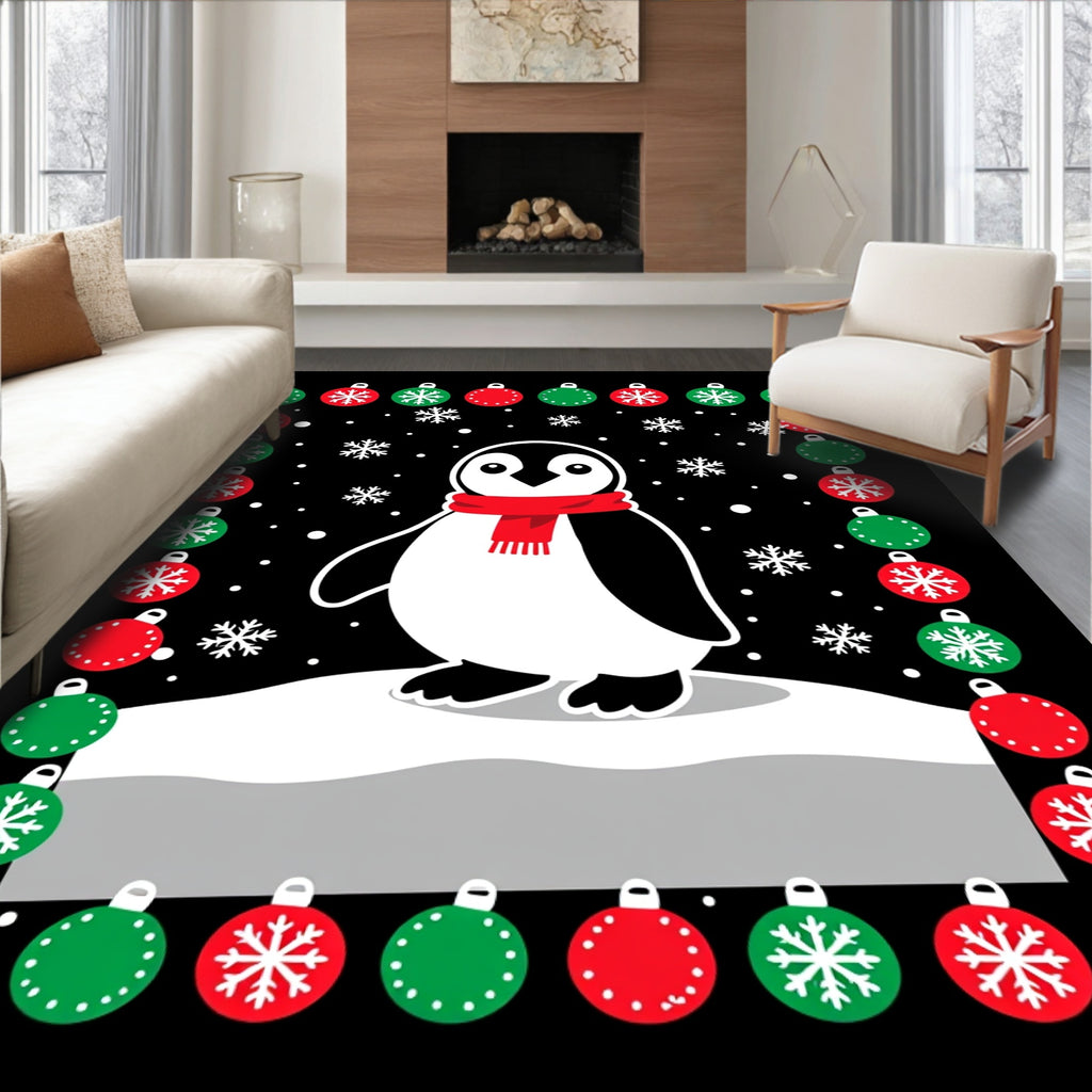 Festive Red Green Penguin Snowflakes Ornaments Rug