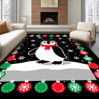 Festive Red Green Penguin Snowflakes Ornaments Rug