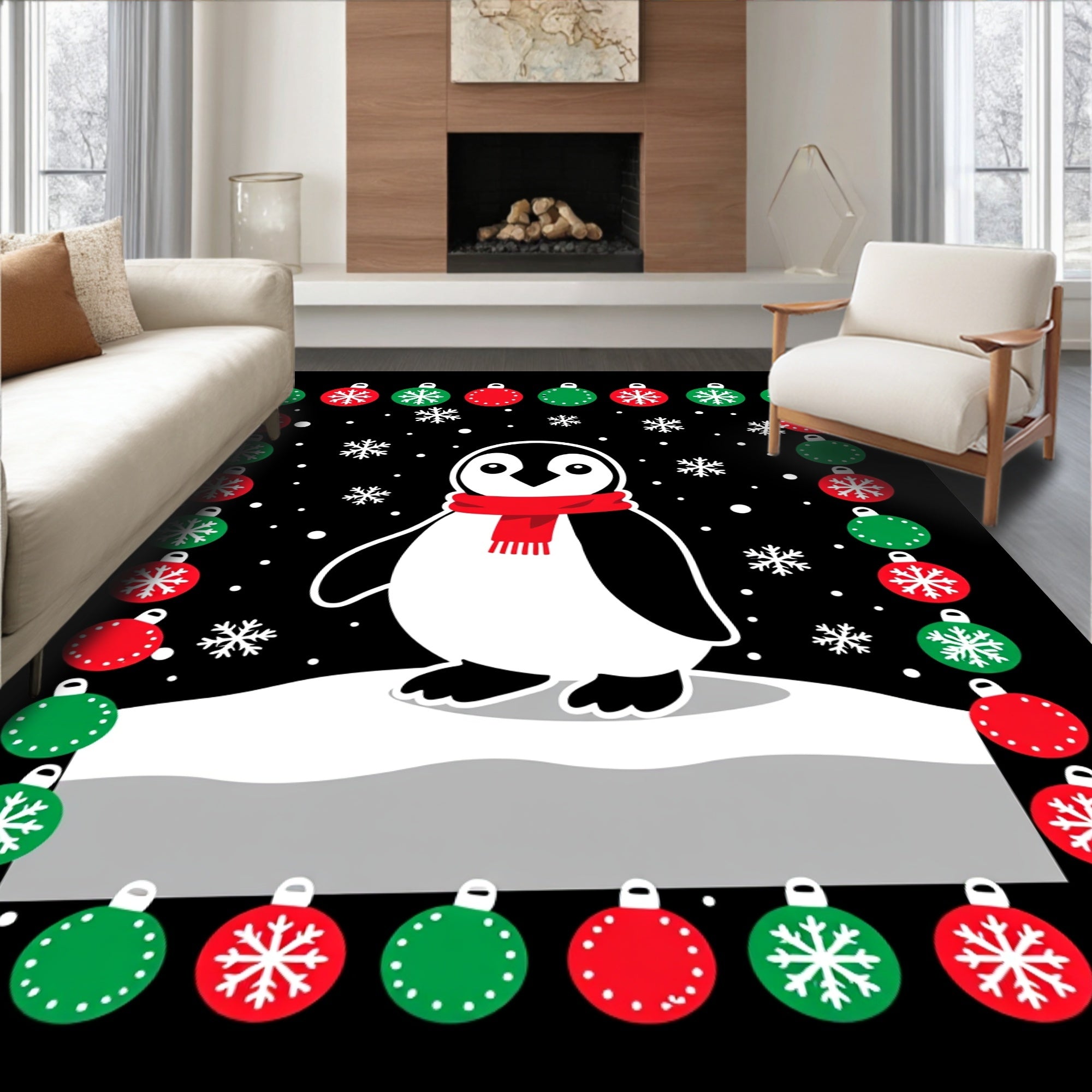 Festive Red Green Penguin Snowflakes Ornaments Rug