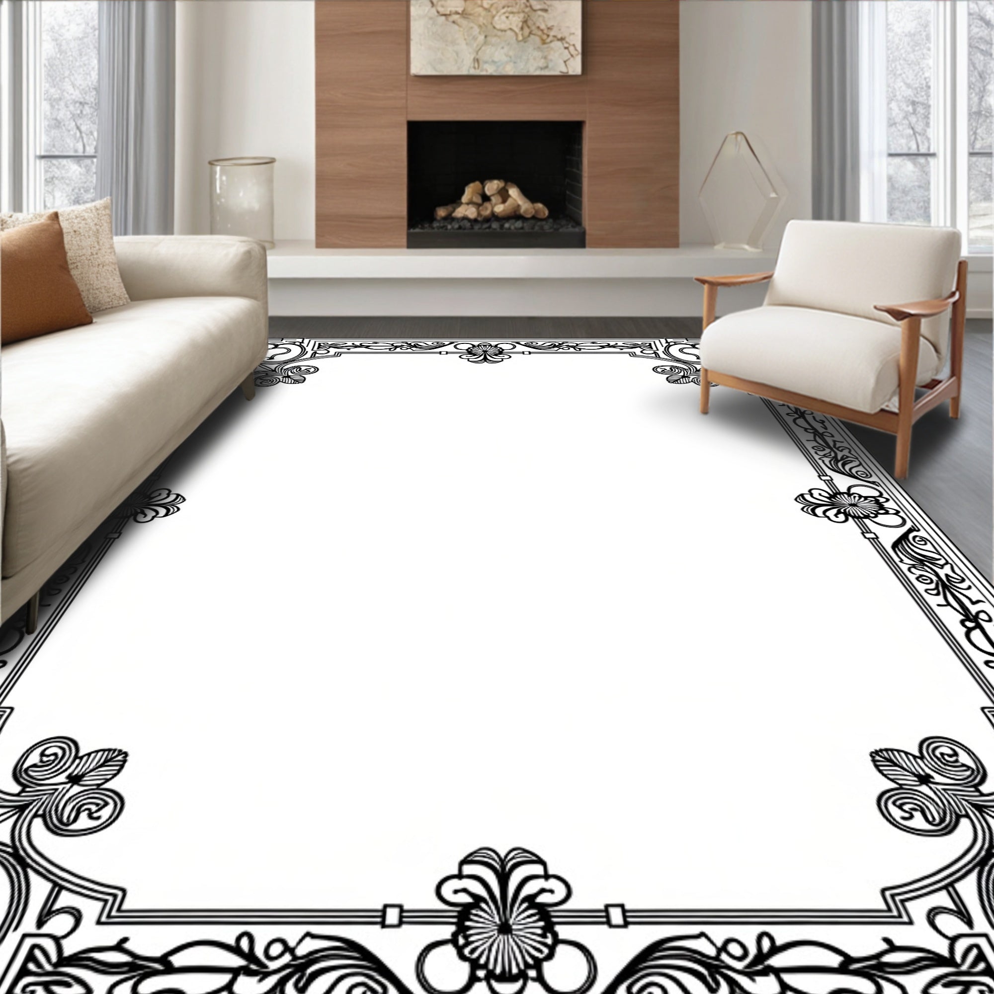 Vintage Black Floral Swirl Frame Rug
