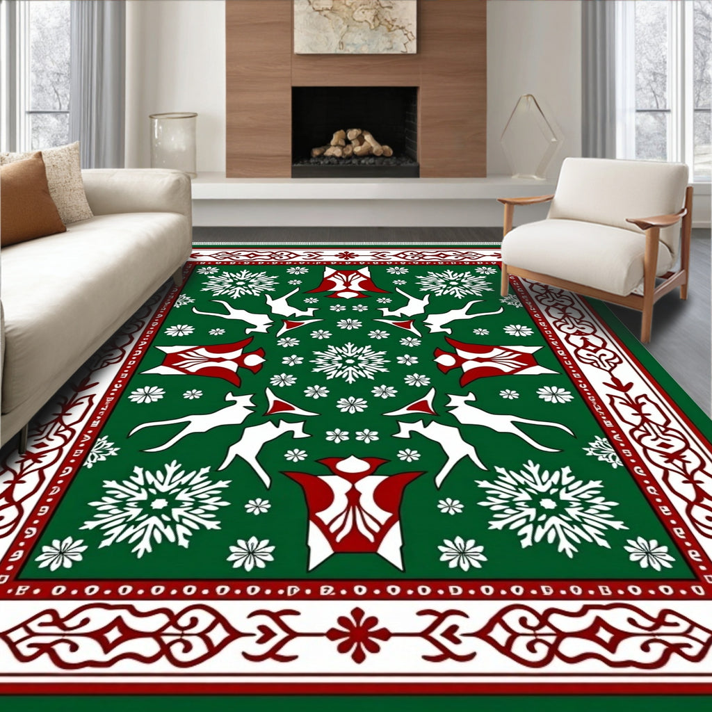 Green White Red Animal Snowflakes Border Rug