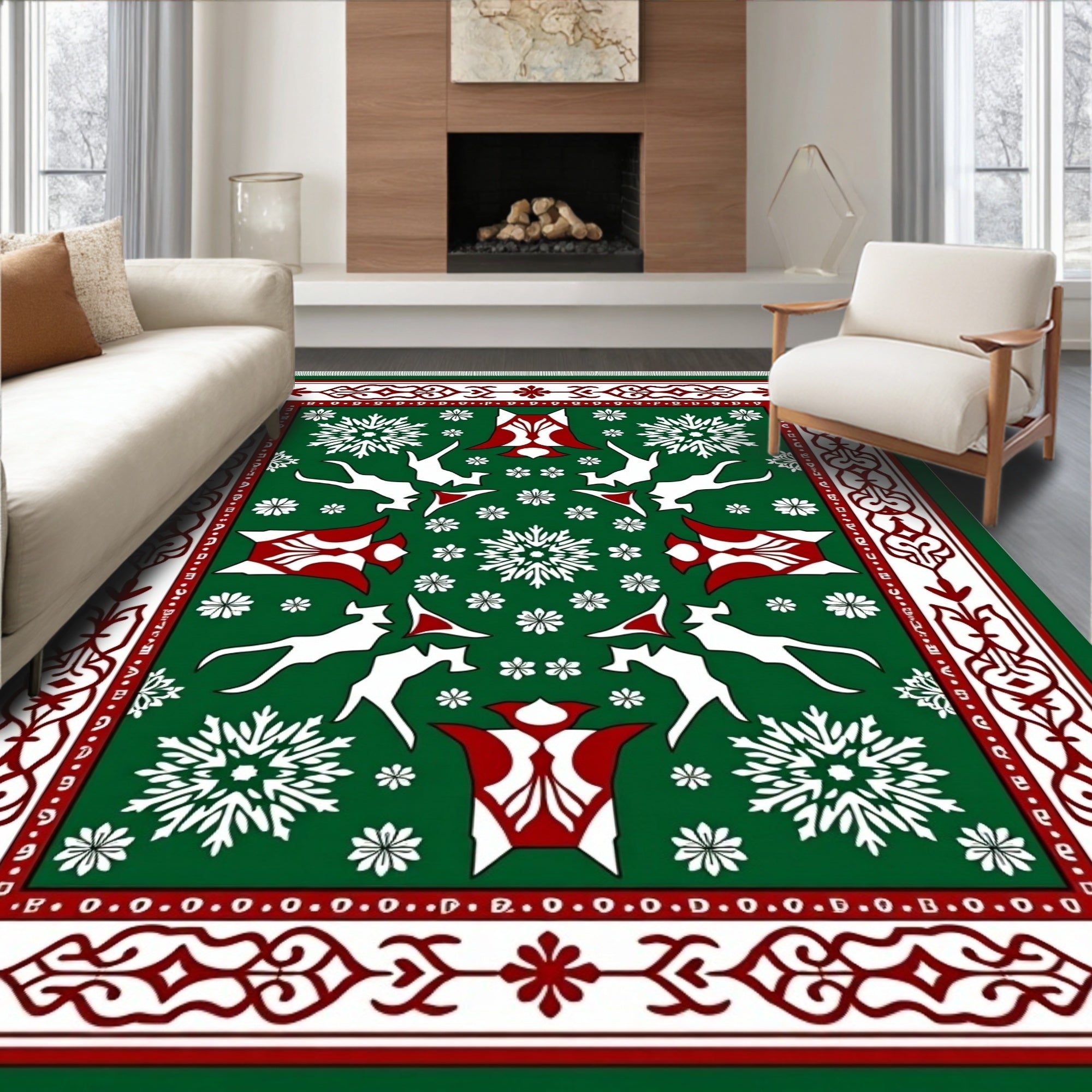 Green White Red Animal Snowflakes Border Rug