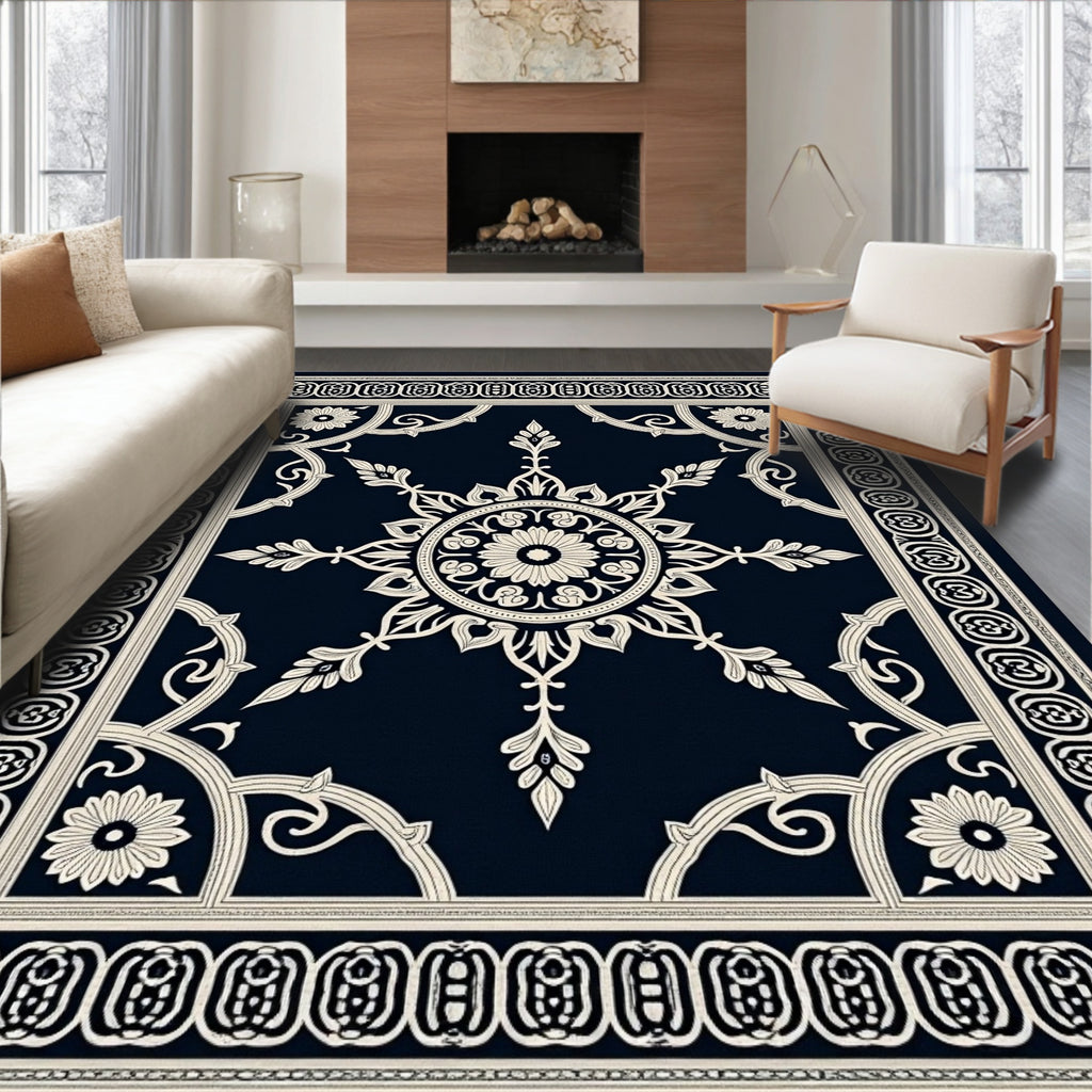 Classic Navy Cream Medallion Border Rug
