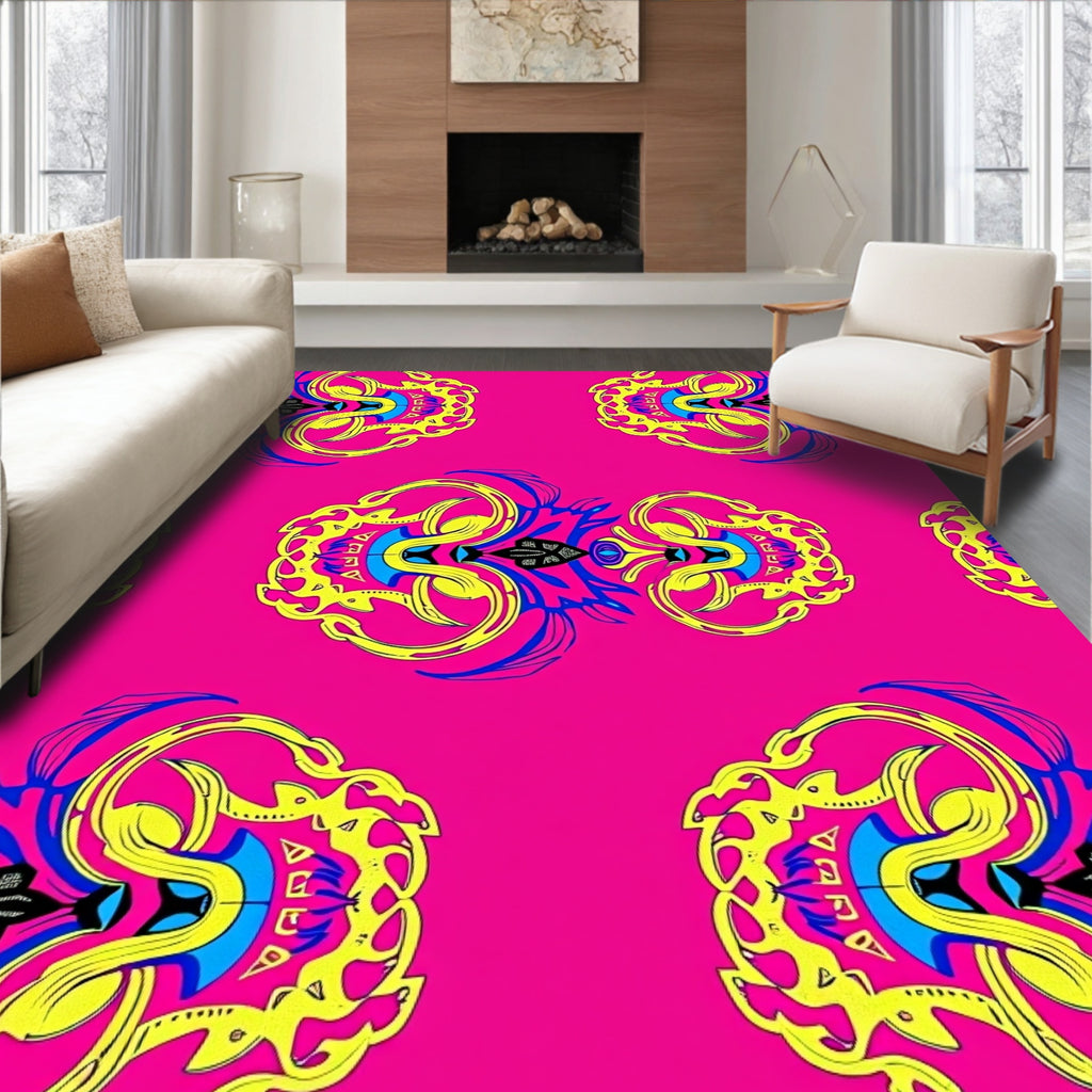 Bright Pink Yellow Blue Swirl Medallion Rug