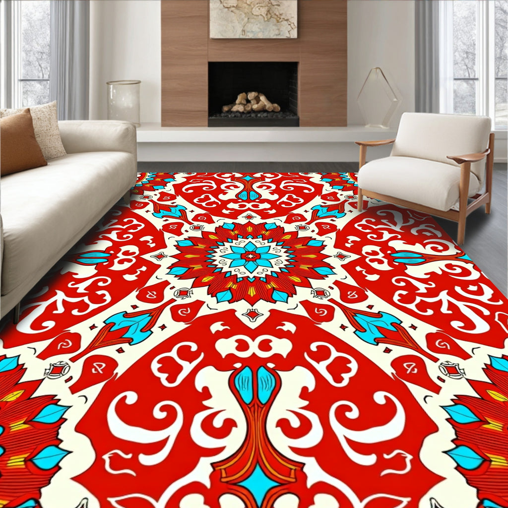 Vibrant Red Medallion Floral Scroll Rug