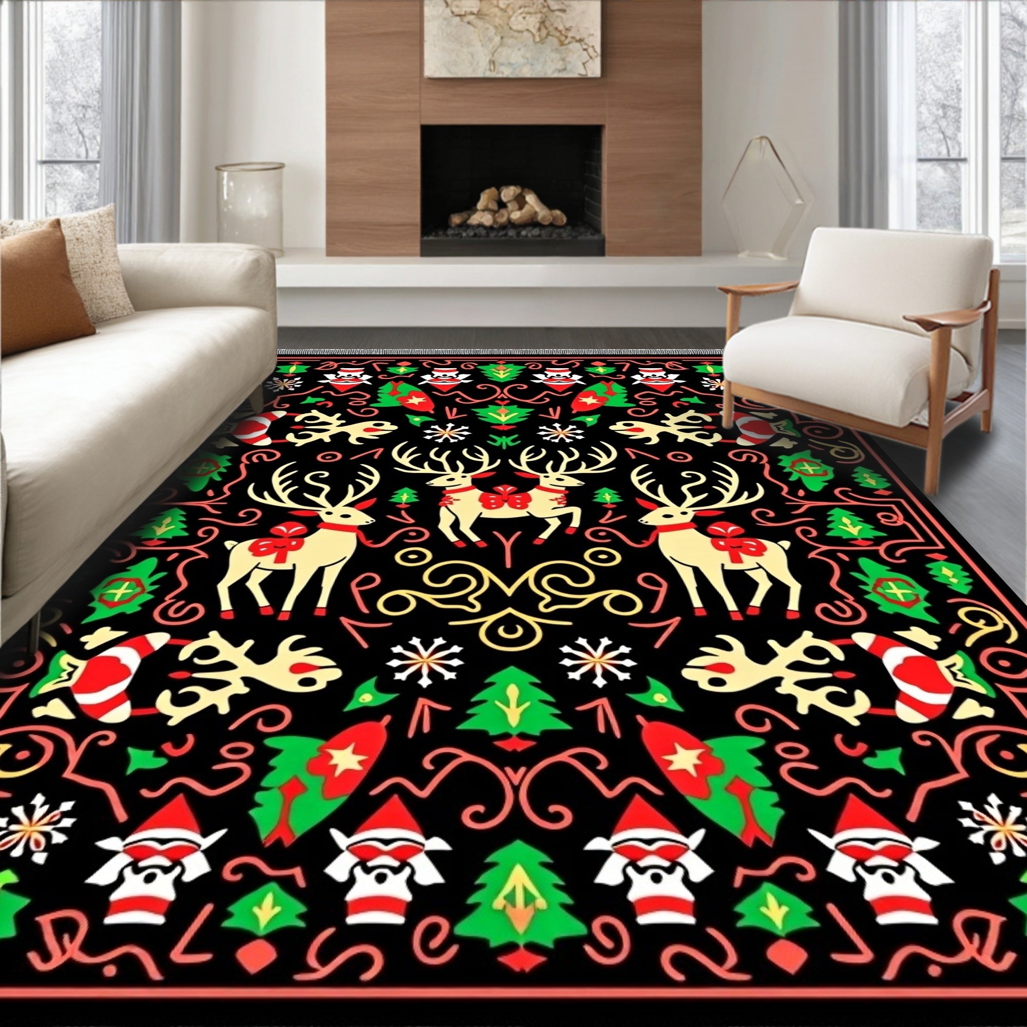 Jolly Reindeer Red Green Christmas Rug