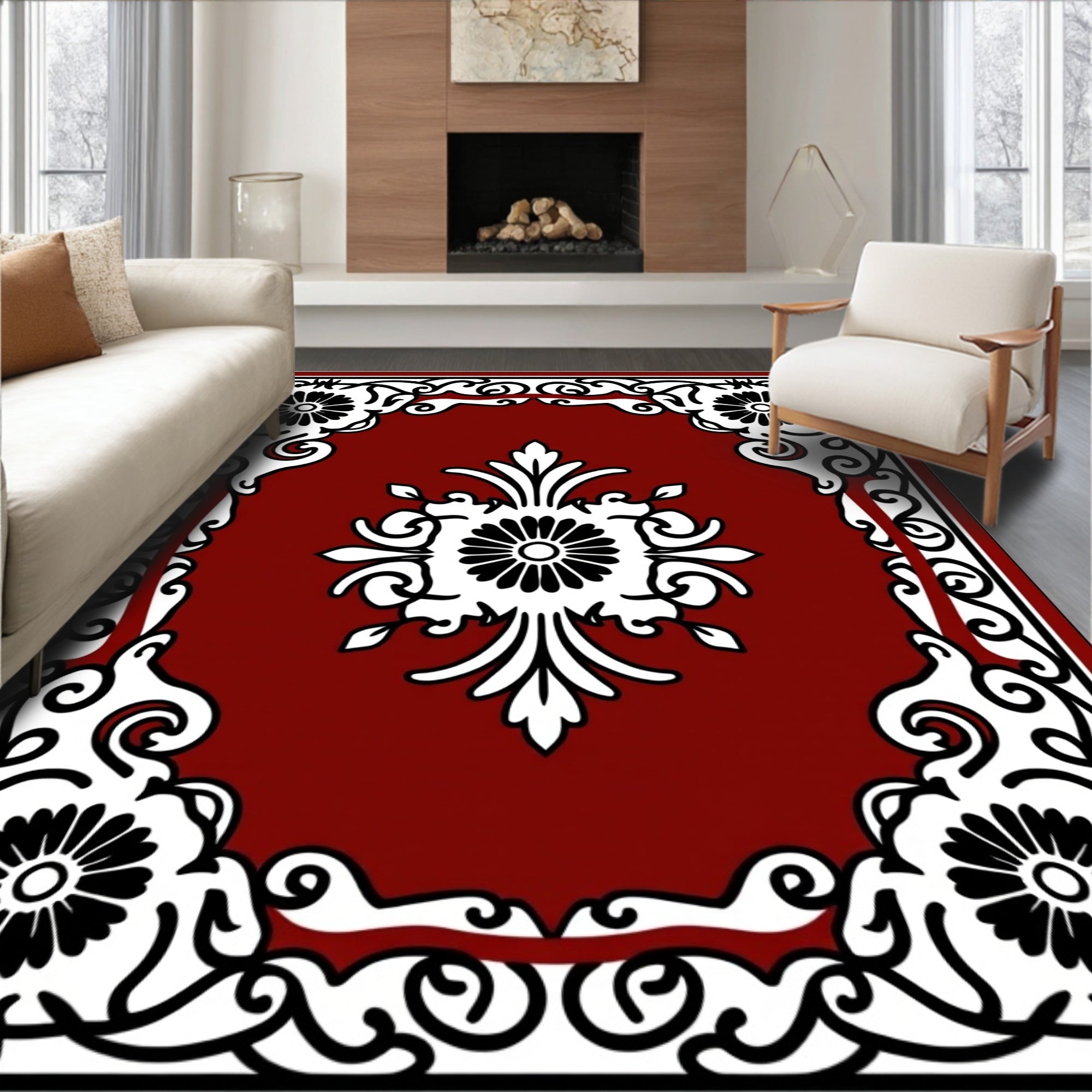 Deep Red Floral Scroll Ornament Rug
