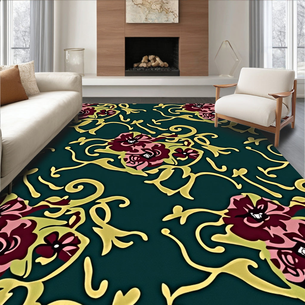 Deep Teal Floral Scrollwork Artwork Rug