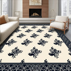 Dark Navy Floral Burlap Border Rug