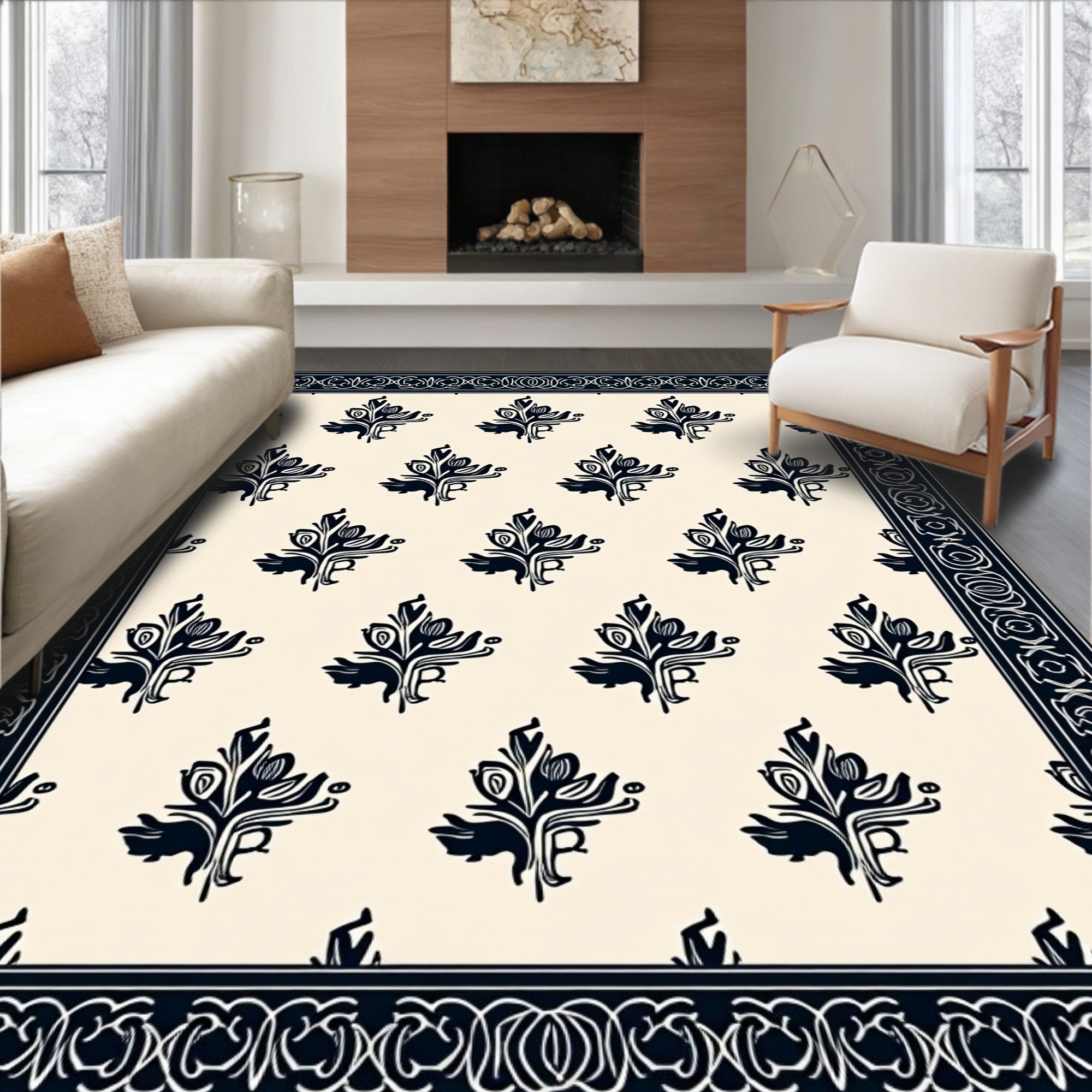 Dark Navy Floral Burlap Border Rug