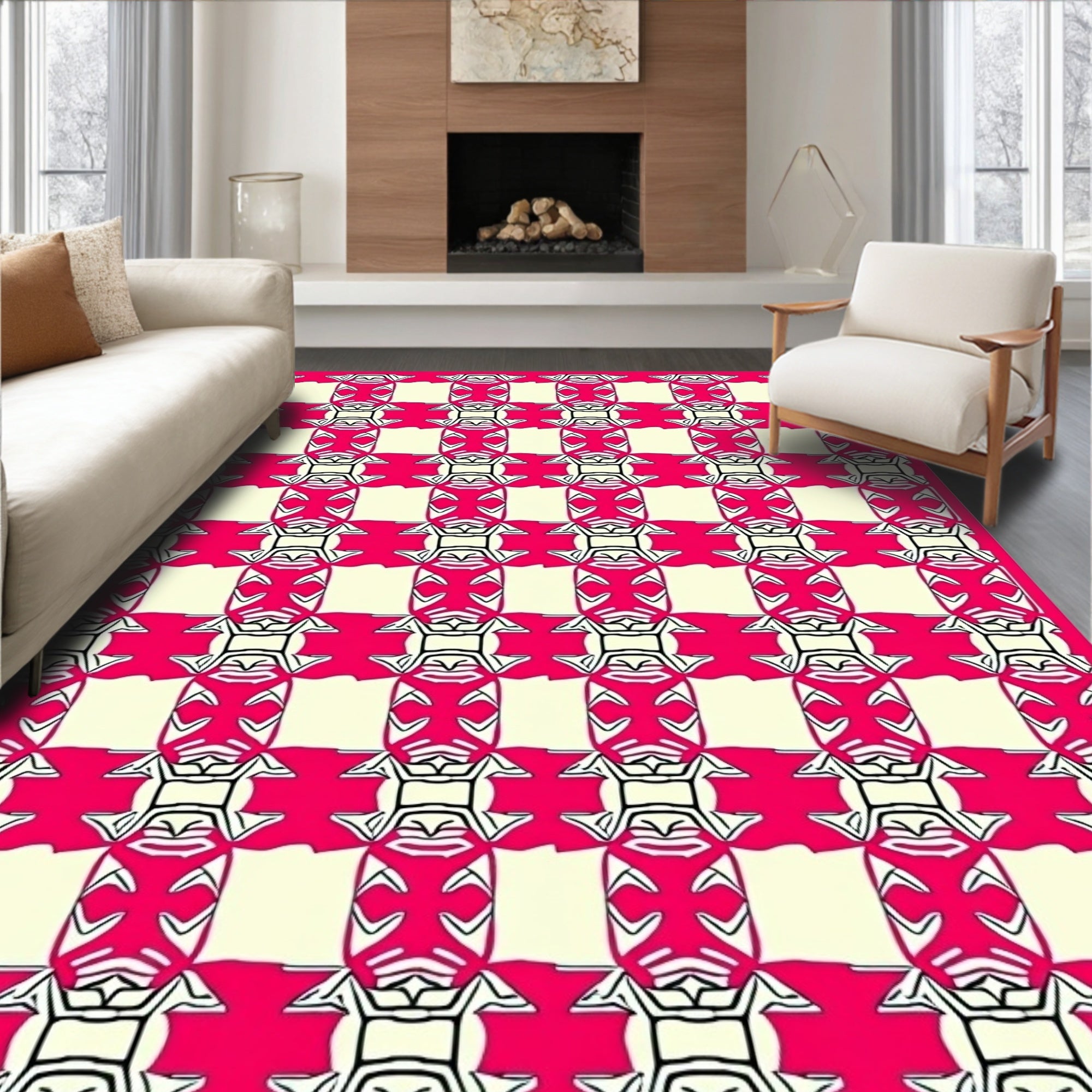Vibrant Pink Black White Grid Rug