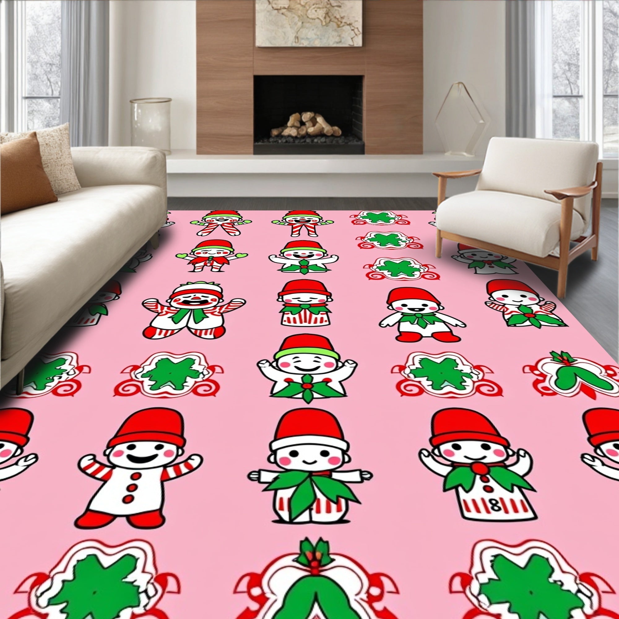 Festive Elf Candy Cane Characters Pink Background Rug