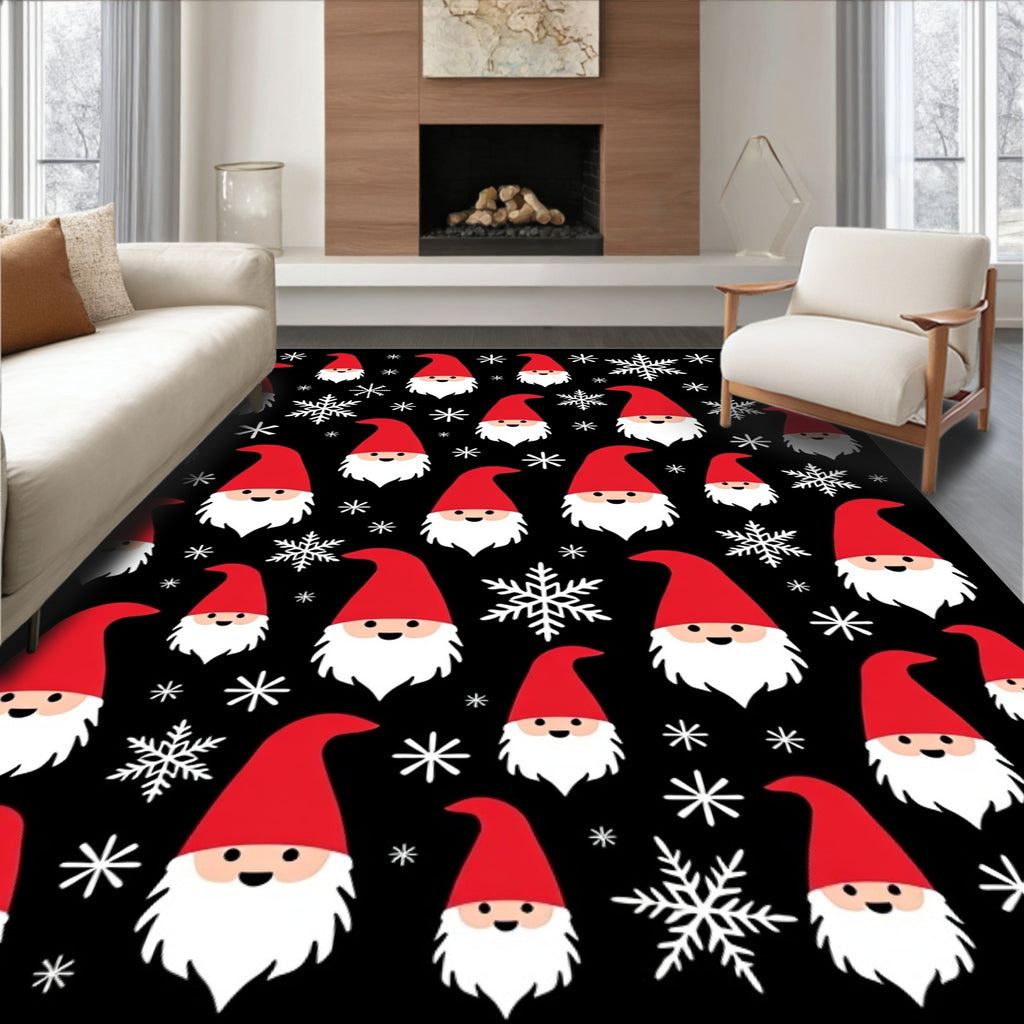 Whimsical Gnomes Snowflakes Black Rug