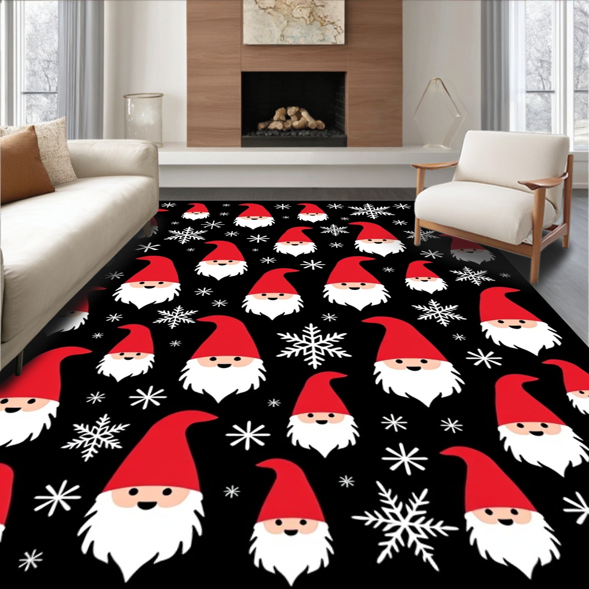 Whimsical Gnomes Snowflakes Black Rug