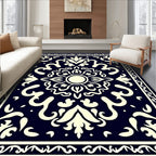 Dark Blue Cream Floral Medallion Border Rug