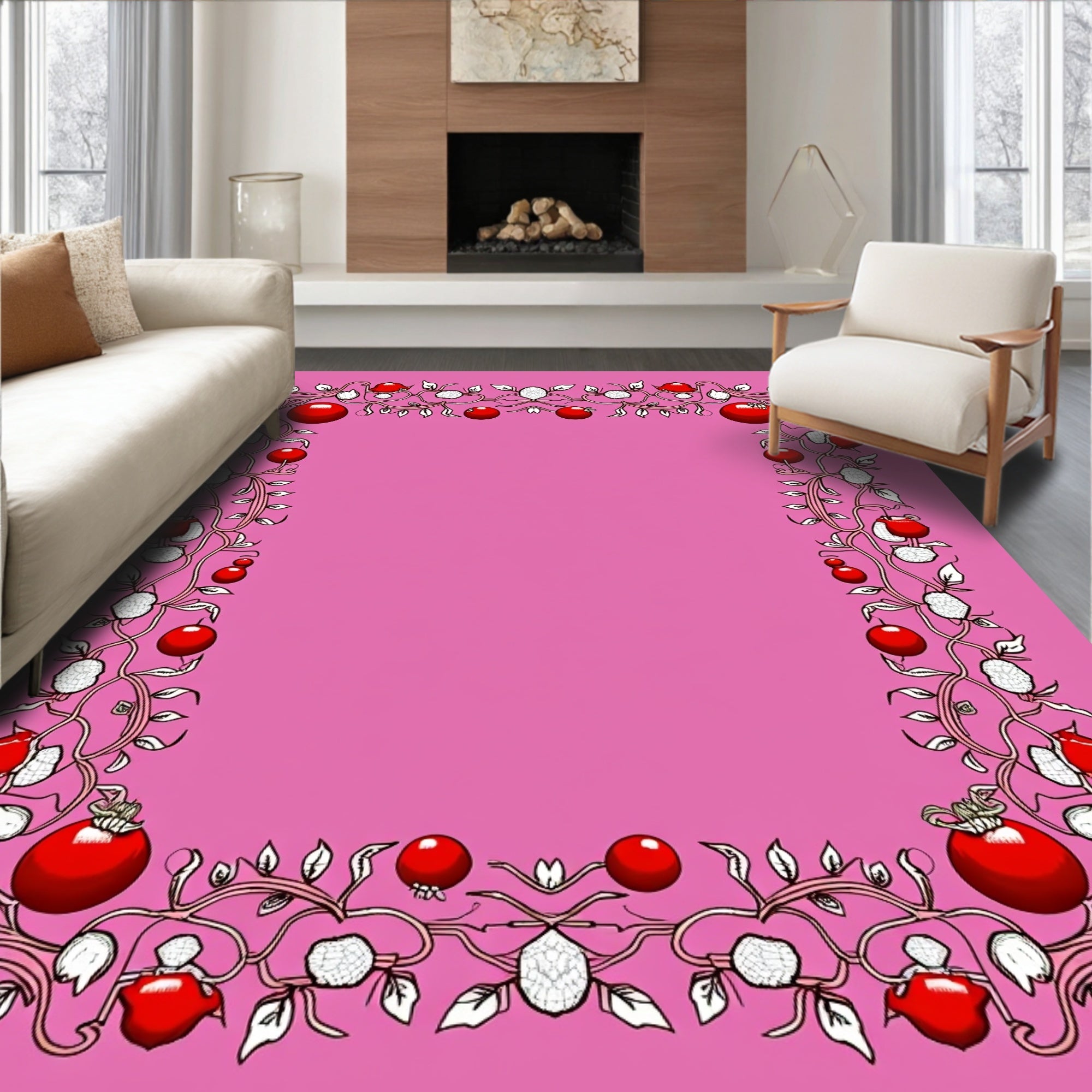 Pink Red Berry Vine Border Rug