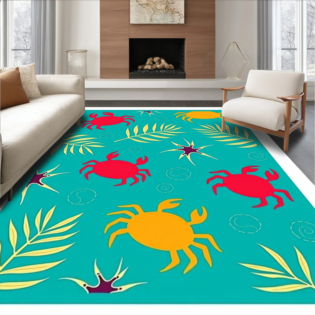 Ocean Blue Crab Tropical Leaf Rug