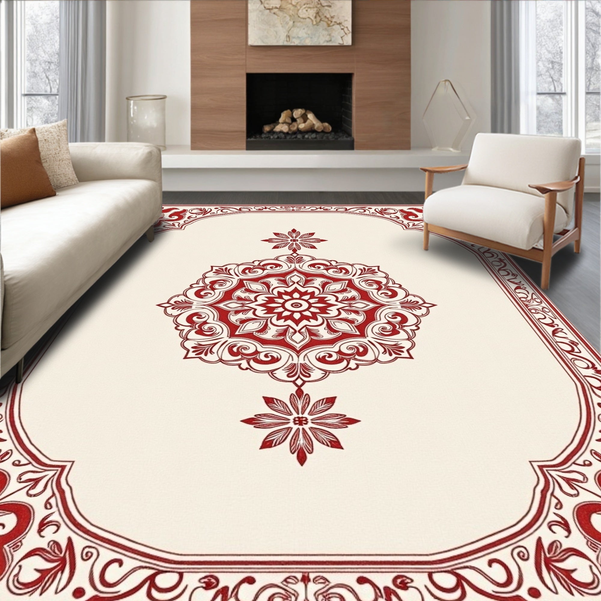 Crimson Floral Medallion Frame Rug