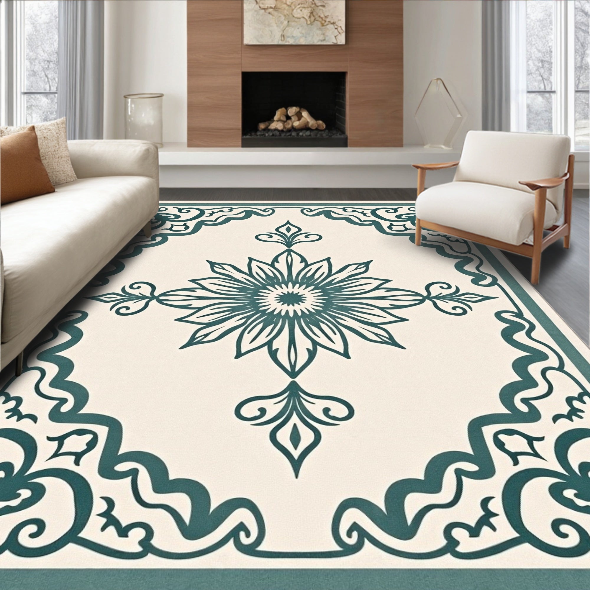 Ornate Teal Floral Centerpiece Border Rug
