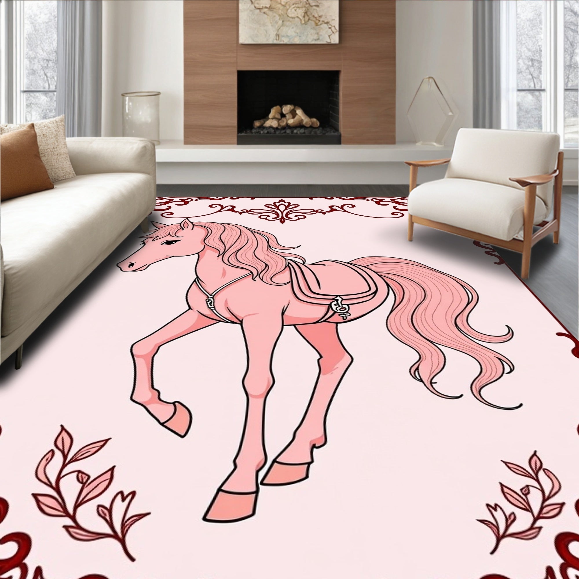 Pastel Pink Horse Carousel Frame Rug